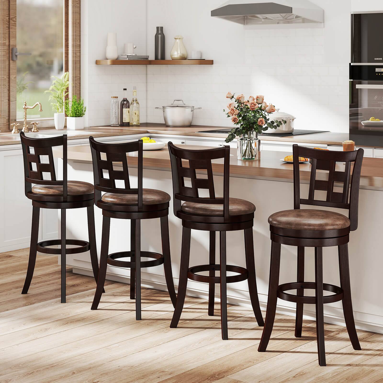 Alt View 4. Costway - Costway Set of 2 Bar Stools 30" Swivel Bar Chairs with Footrest, Lattice Backrest - Coffee & Brown.