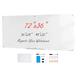 VEVOR - Magnetic Glass Whiteboard, Dry Erase Board 72"x36", Wall-Mounted Large Glassboard Frameless - White
