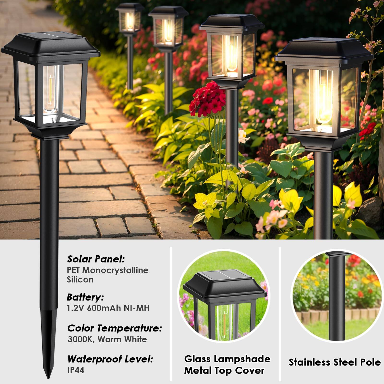 Solar Panel: PET Monocrystalline Silicon  
Battery: 1.2V 600mAh Ni-MH  
Color Temperature: 3000K, Warm White  
Waterproof Level: IP44  
Glass Lampshade  
Metal Top Cover  
Stainless Steel Pole