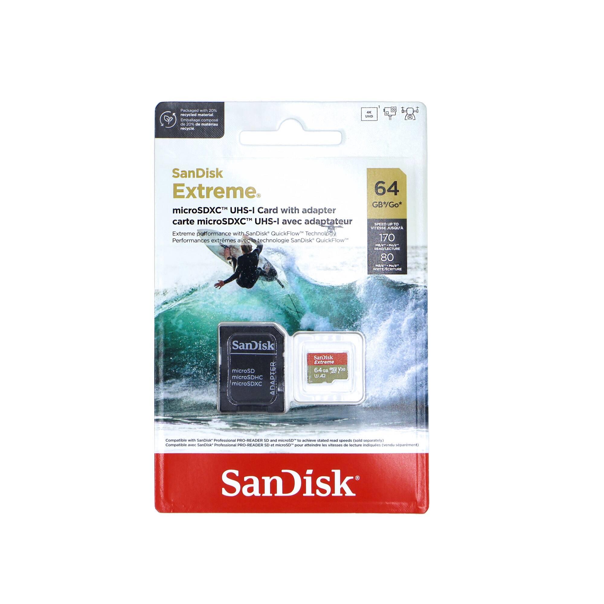 SanDisk Extreme 64 GB microSDXC UHS-I Card with adapter  
carte microSDXC UHS-I avec adaptateur  

Extreme performance with SanDisk QuickFlow  
Performances extrêmes avec technologie SanDisk QuickFlow  

Speed up to 170 MB/s  
Vitesse allant jusqu'à 170 Mo/s  

Compatible with SanDisk Professional PRO-READER SD and microSD  
Compatible avec SanDisk Professional PRO-READER SD et microSD  

Packaged with 20% recycled material  
Emballé avec 20% de matériau recyclé  

SanDisk