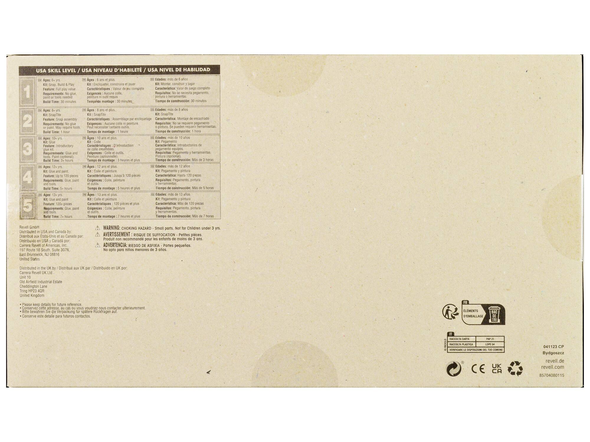 **USA SKILL LEVEL / USA NIVEAU D'HABILITÉ / USA NIVEL DE HABILIDAD**

1. **Ages 6-8 yrs**  
   - Kit: Snap, Build and Play  
   - Requirements: No glue, no paint  
   - Build Time: 30 minutes  
   - Features: Introductory  
   - Requirements: None  
   - Build Time: 30 minutes  

2. **Ages 8-12 yrs**  
   - Kit: Snap-Tite  
   - Requirements: Paint may require tools  
   - Build Time: 1 hour  
   - Features: Snap-Tite  
   - Requirements: Paint  
   - Build Time: 30 minutes  

3. **Ages 12+ yrs**  
   - Kit: Snap-Tite  
   - Requirements: Paint may require tools  
   - Build Time: 1 hour  
   - Features: Snap-Tite  
   - Requirements: Paint  
   - Build Time: 30 minutes  

4. **Ages 13+ yrs**  
   - Kit: Snap-Tite  
   - Requirements: Paint may require tools  
   - Build Time: 1 hour  
  