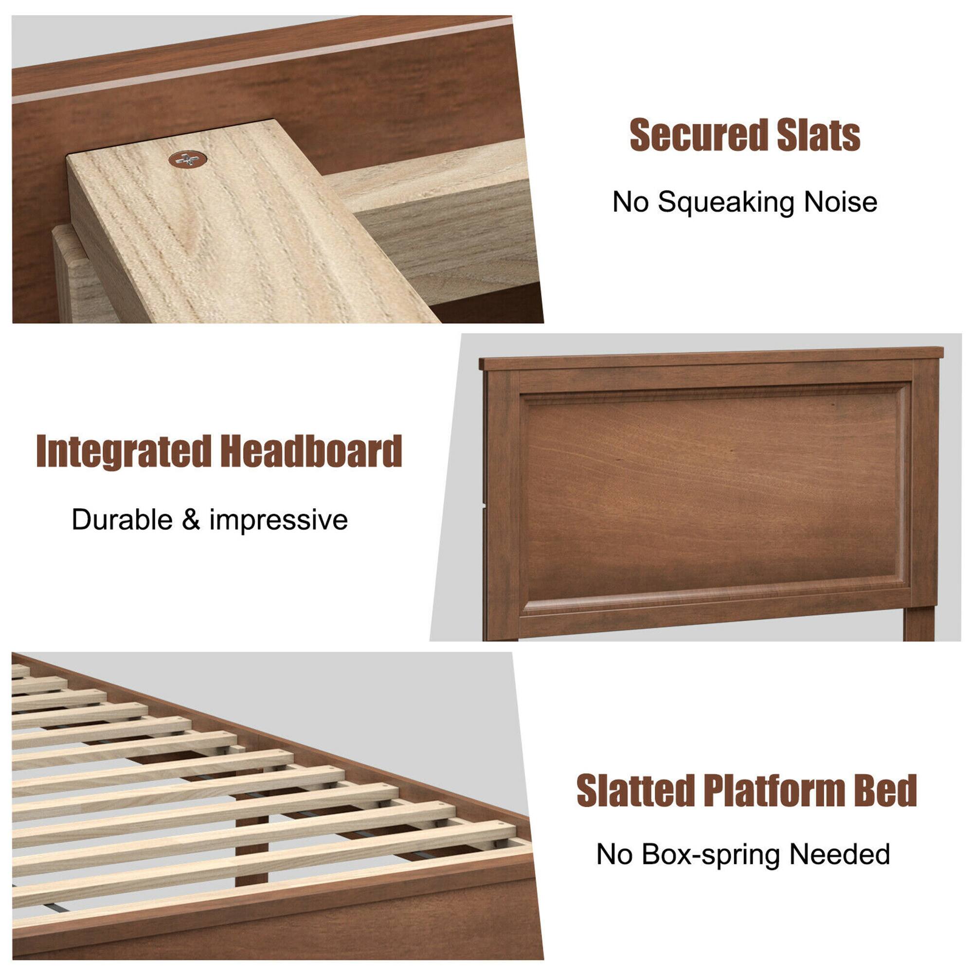 The text on the image is grouped as follows:

1. Secured Slats No Squeaking Noise
2. Integrated Headboard Durable & impressive
3. Slatted Platform Bed No Box-spring Needed
