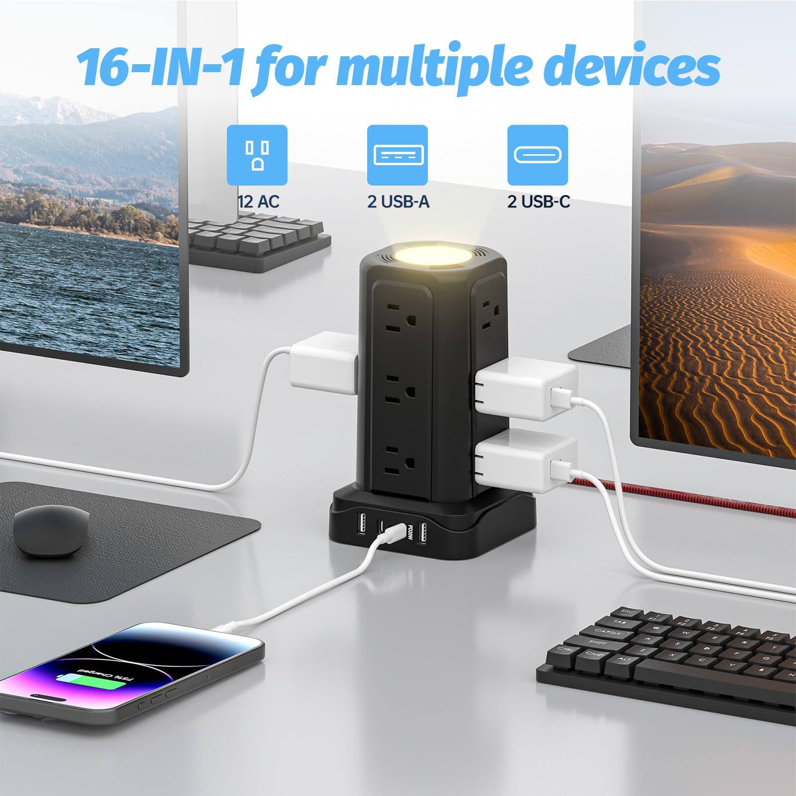 16-IN-1 for multiple devices  
12 AC  
2 USB-A  
2 USB-C