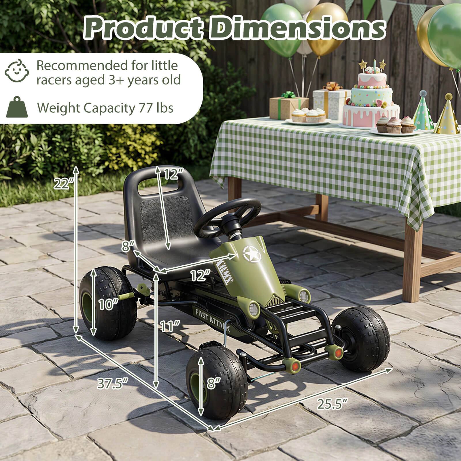 Product Dimensions  
Recommended for little racers aged 3+ years old  
Weight Capacity 77 lbs  

22"  
12"  
8"  
10"  
12"  
37.5"  
8"  
25.5"