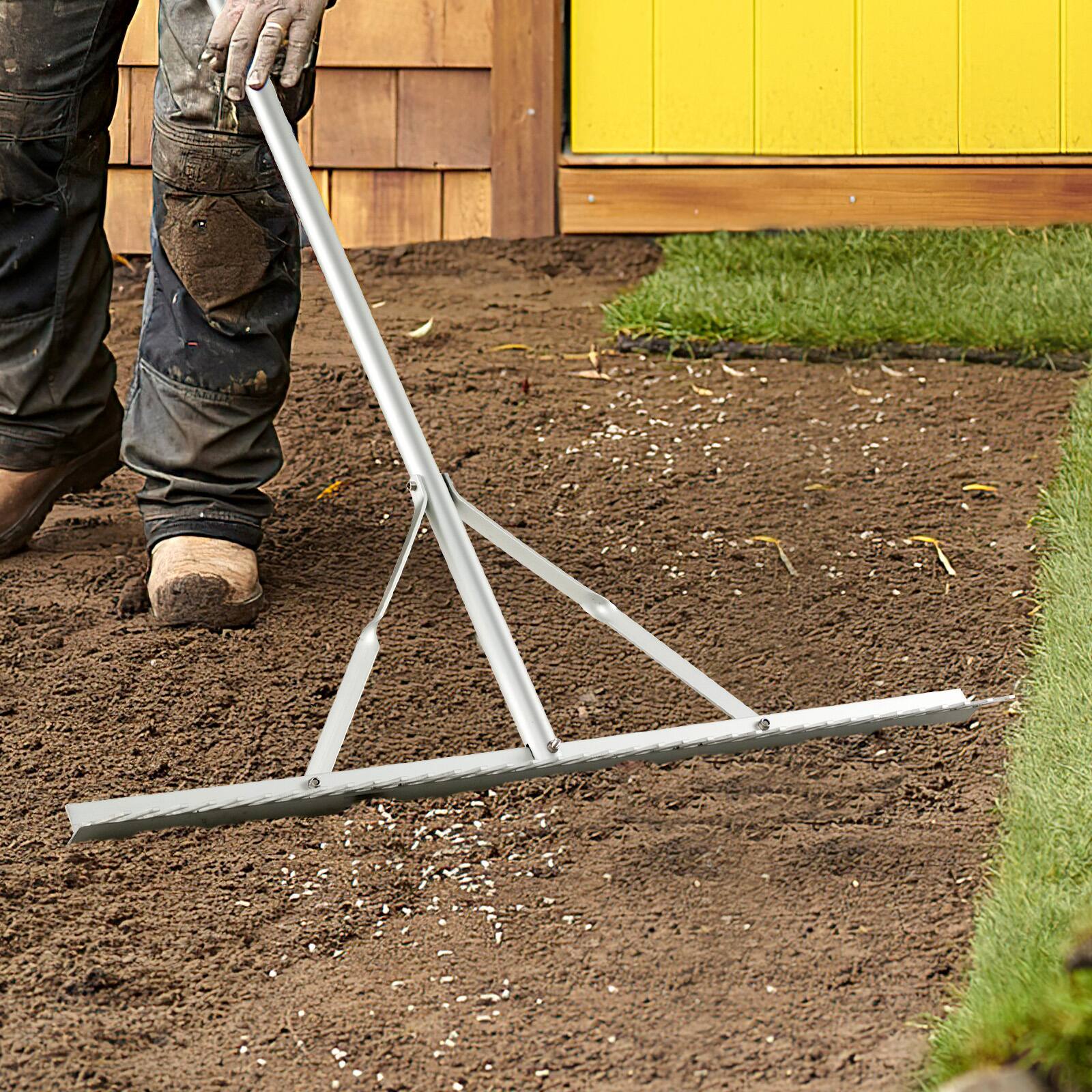 Angle. Sugift - Aluminum Rake with 36 Inch Wide Rake Head and 68 Inch Long Handle - White.