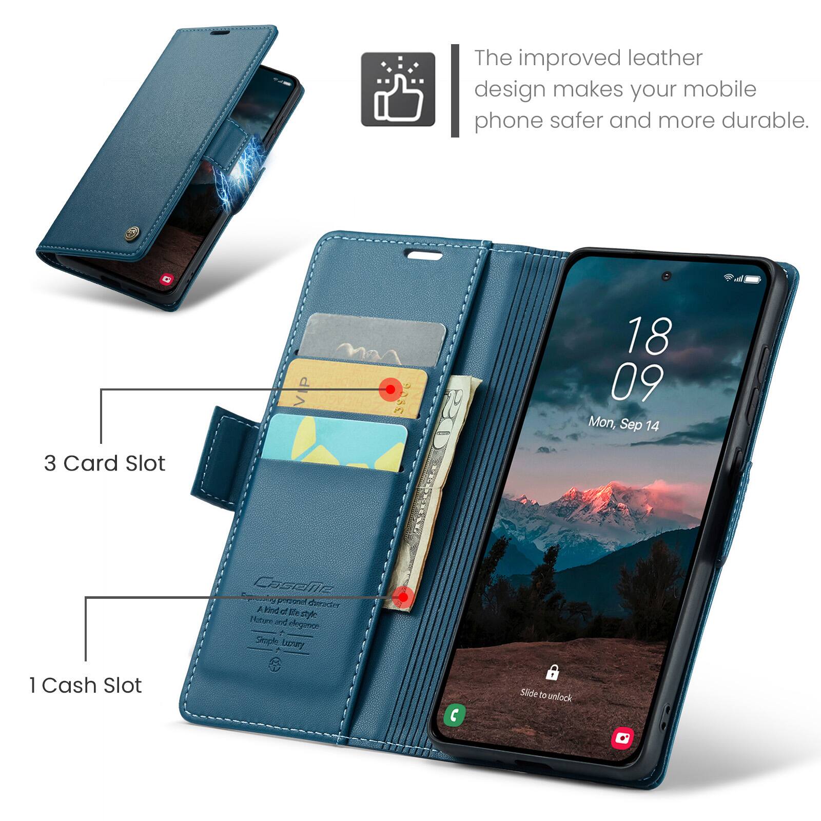 The improved leather design makes your mobile phone safer and more durable.  
3 Card Slot  
1 Cash Slot  
Slide to unlock