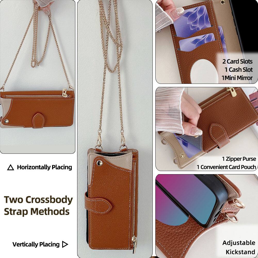 2 Card Slots  
1 Cash Slot  
1 Mini Mirror  
Horizontally Placing  
Two Crossbody Strap Methods  
Vertically Placing  
1 Zipper Purse  
1 Convenient Card Pouch  
Adjustable Kickstand