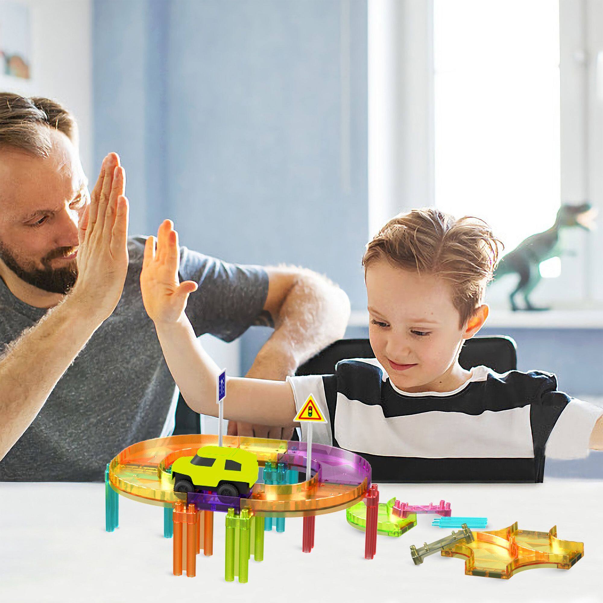 Alt View 2. PicassoTiles - PICASSO-TILES Race Track Magnetic Tiles for Kids, 40PCS with 1 Racing Car, Mini STEM Building Blocks Educational Toy - Multicolor.