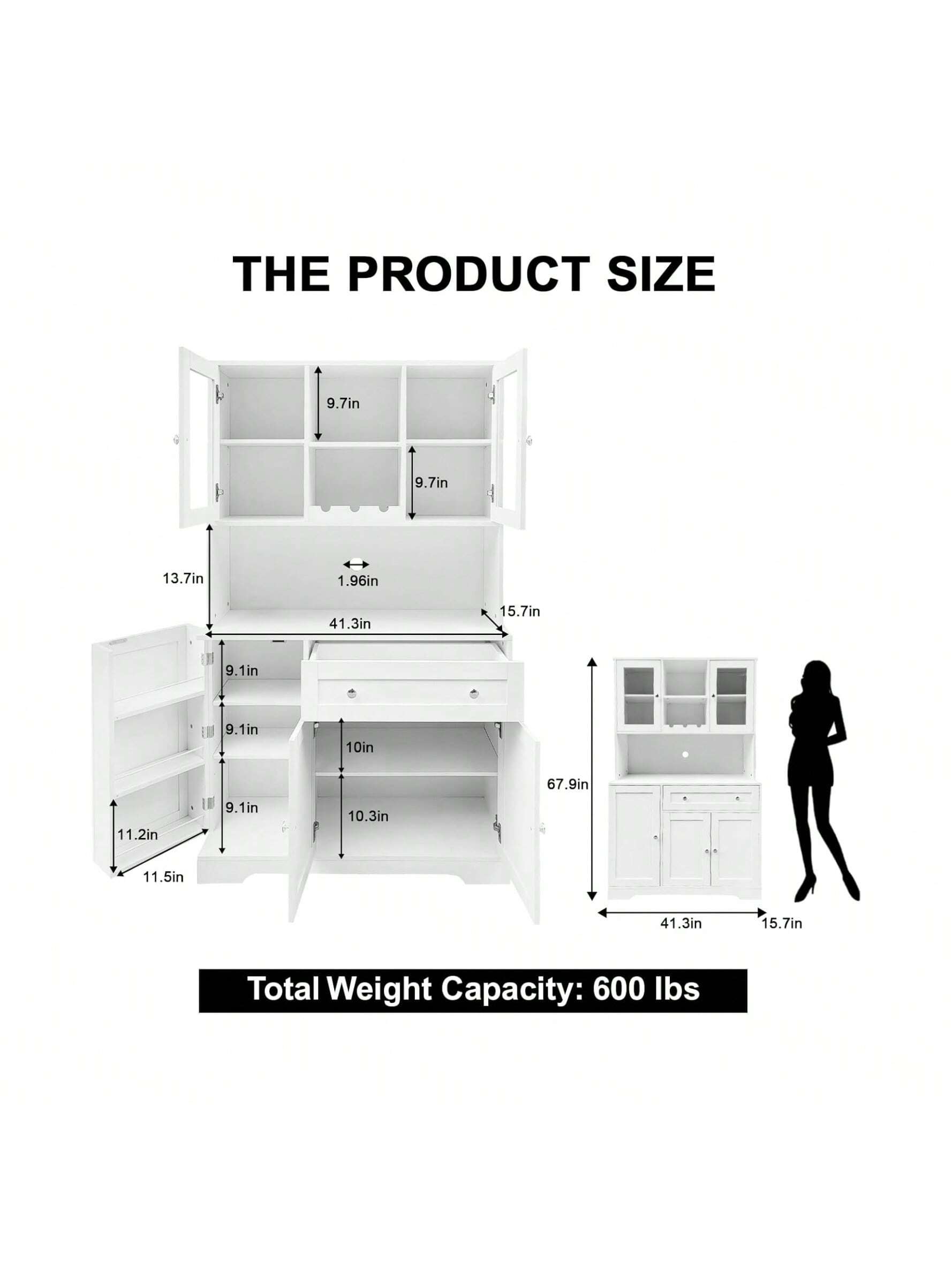 THE PRODUCT SIZE

- 9.7in
- 9.7in
- 13.7in
- 1.96in
- 41.3in
- 15.7in
- 9.1in
- 9.1in
- 10in
- 11.2in
- 9.1in
- 10.3in
- 67.9in
- 11.5in
- 41.3in
- 15.7in

Total Weight Capacity: 600 lbs