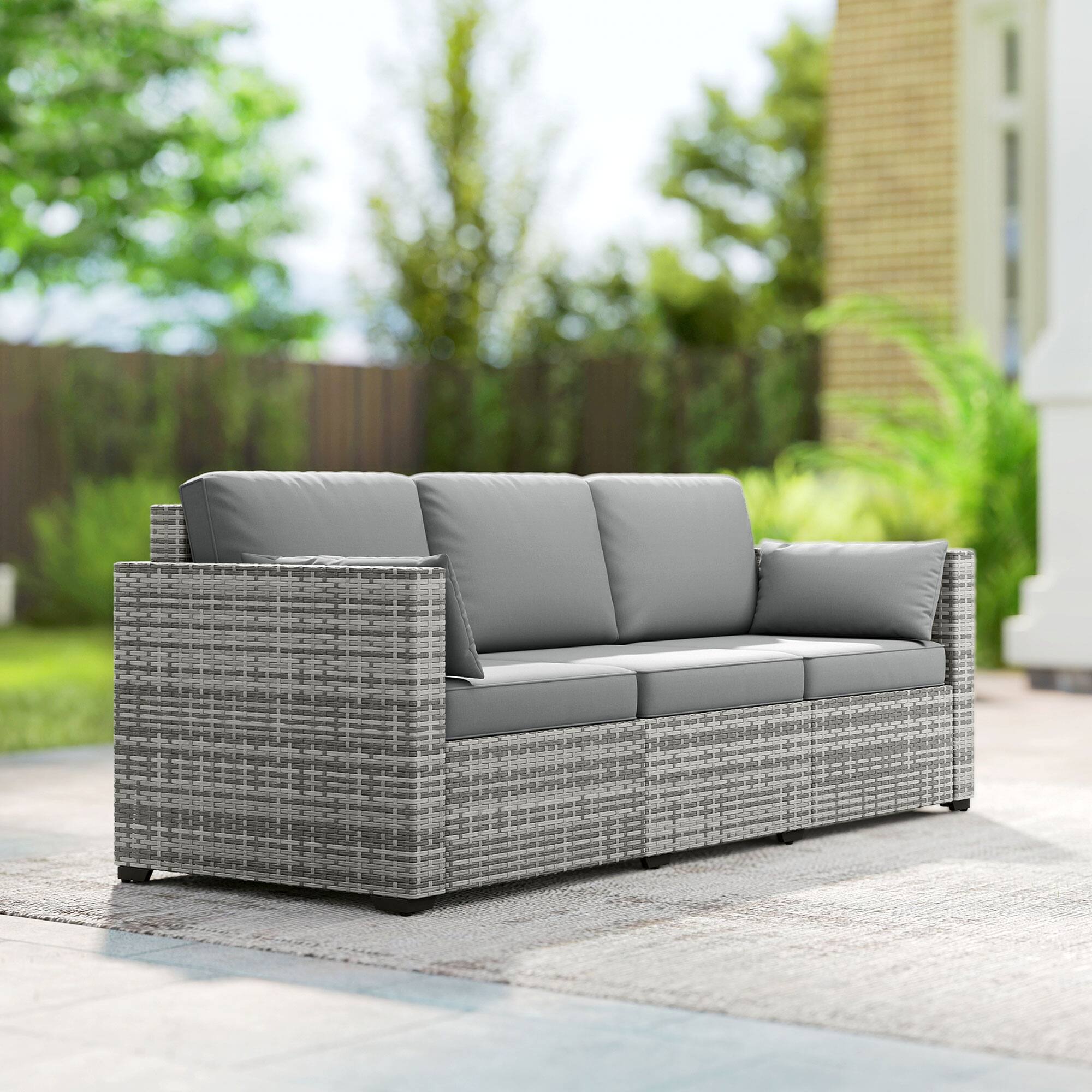 Alt View 8. Outsunny - Patio Couch PE Wicker Deep Seating Outdoor Sofa with Removable Cushions, 3 Seater Rattan Sofa, Outdoor Furniture - Gray.