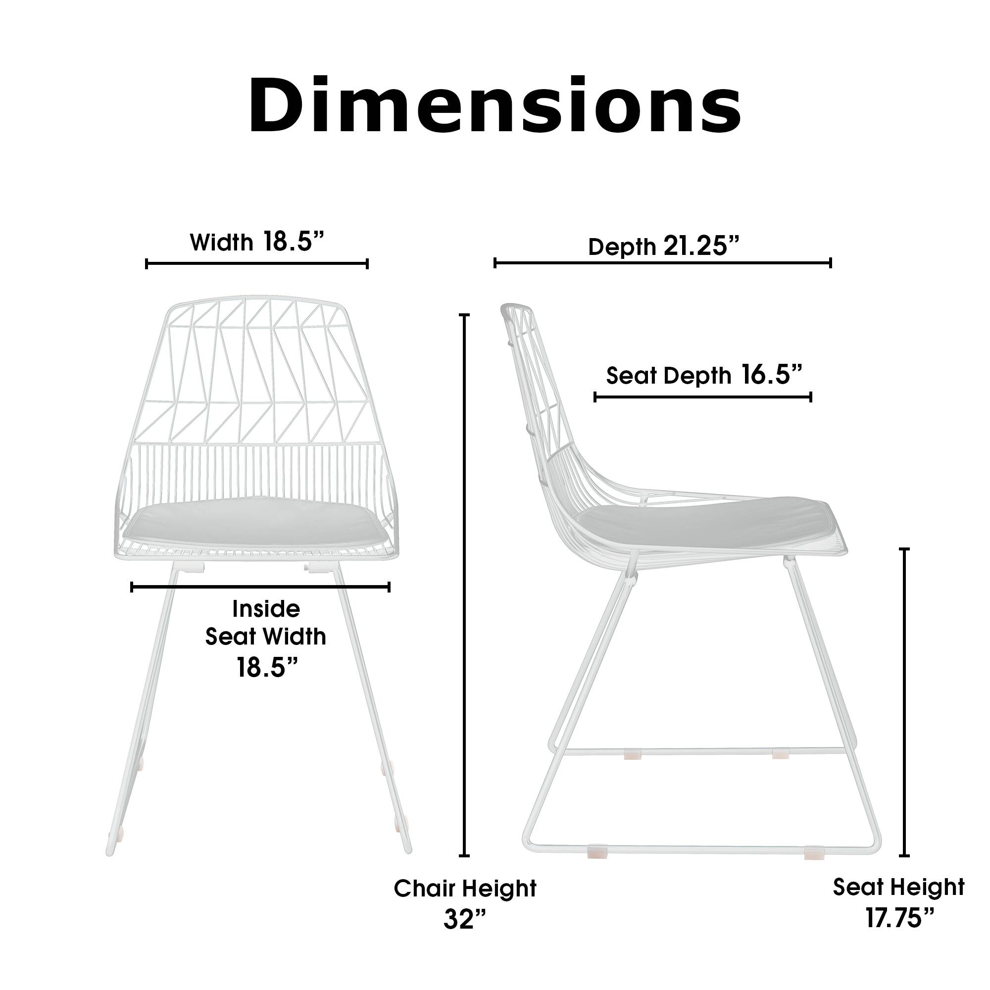 Dimensions  
Width 18.5"  
Depth 21.25"  
Seat Depth 16.5"  
Inside Seat Width 18.5"  
Chair Height 32"  
Seat Height 17.75"