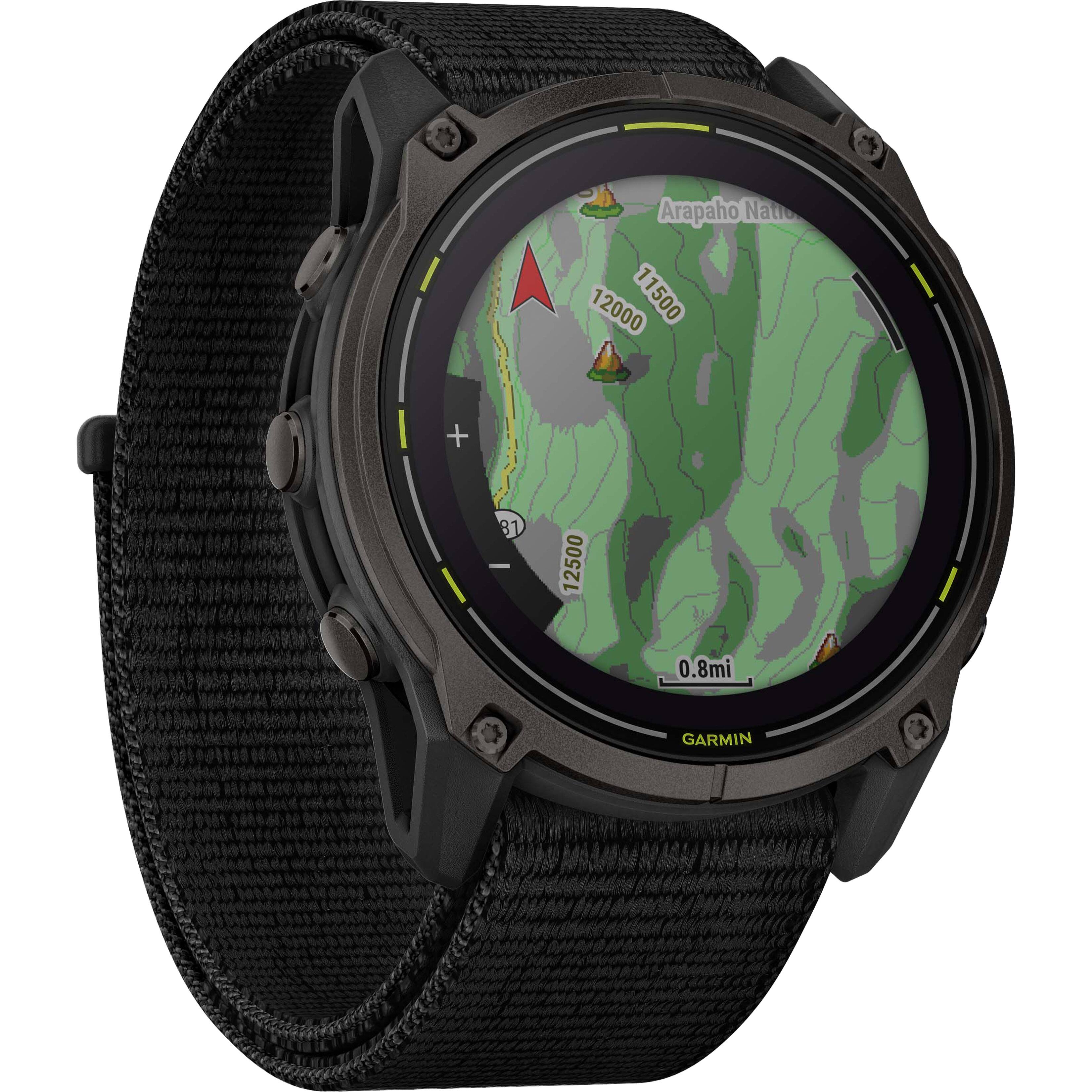 The text on the image reads: "Arapaho National 12000 11500 + 81 - 12500 0.8mi GARMIN." This information is likely related to a GPS watch or device, providing details about the location, elevation, and distance traveled.