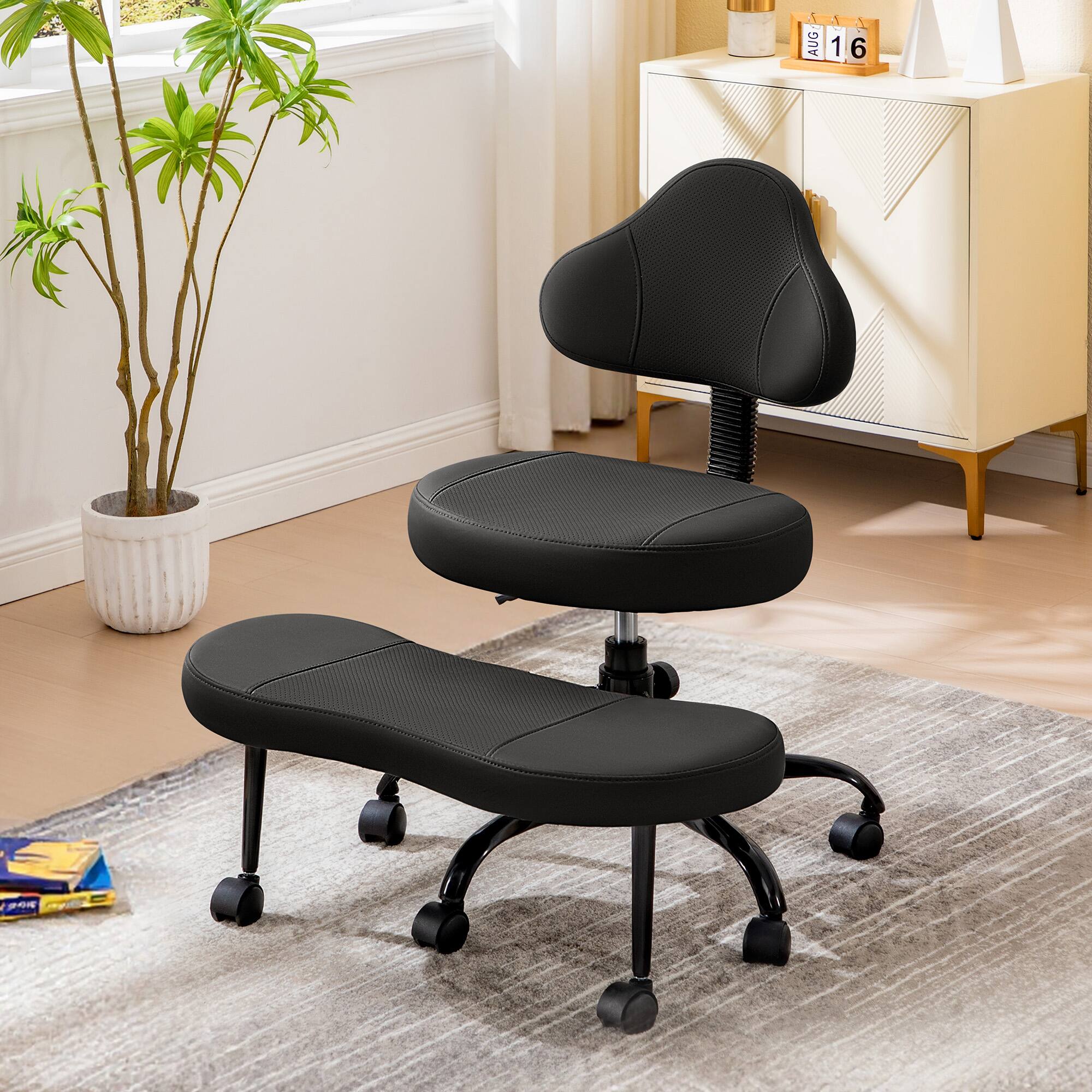 Alt View 6. KERDOM - Ergonomic Cross-Legged Office Chair with Wheels, Meditation & Kneeling Chair for Adult, PU Leather Wide Seat 360° Swivel - Black.