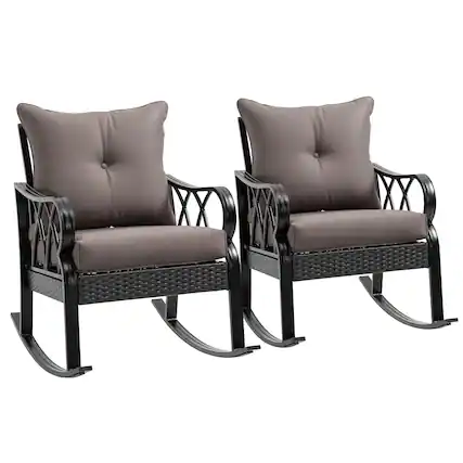 Front. Outsunny - 2 Piece Outdoor Wicker Rocking Chairs with Padded Cushions, Aluminum Furniture Rattan Porch Rocker Chairs w/ Armrest - Gray.