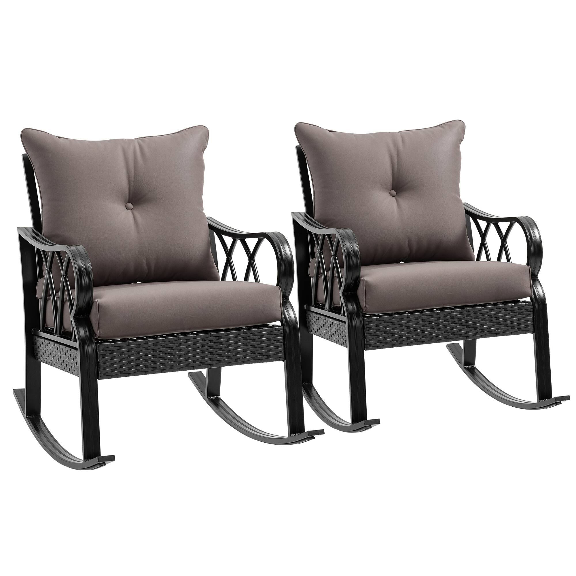 Outsunny - 2 Piece Outdoor Wicker Rocking Chairs with Padded Cushions, Aluminum Furniture Rattan Porch Rocker Chairs w/ Armrest - Gray