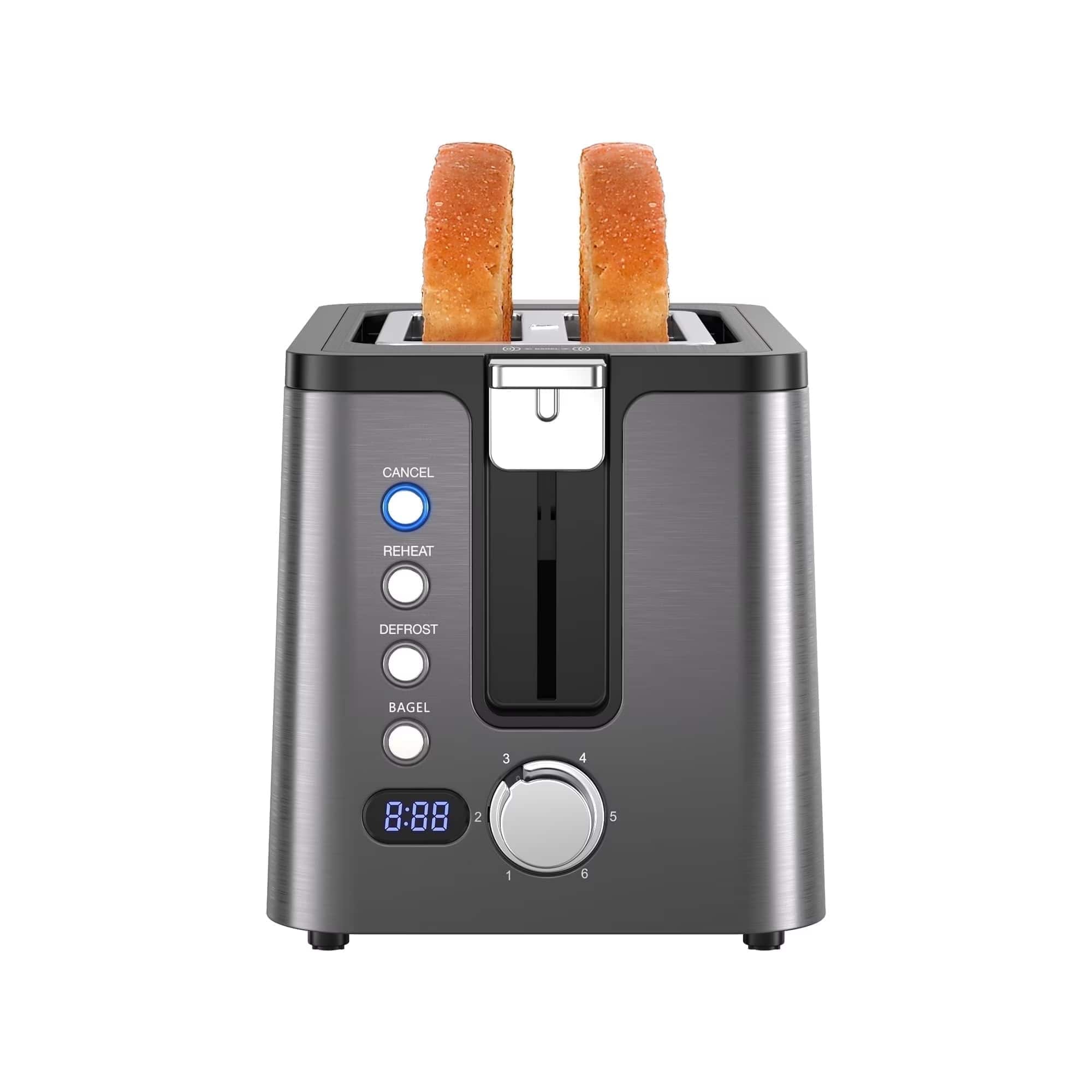 Mecity - 2-Slice Toaster with Extra Wide Slots, Bagel Function, 6 Browning Settings - Metallic Grey