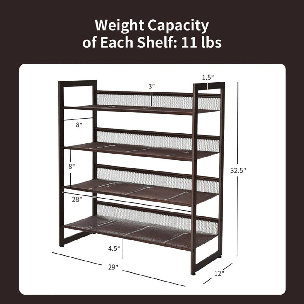 Weight Capacity of Each Shelf: 11 lbs

Dimensions:
- 32.5" (Height)
- 29" (Width)
- 12" (Depth)
- 1.5" (Shelf Thickness)
- 8" (Shelf Spacing)
- 28" (Shelf Length)
- 4.5" (Shelf Depth)