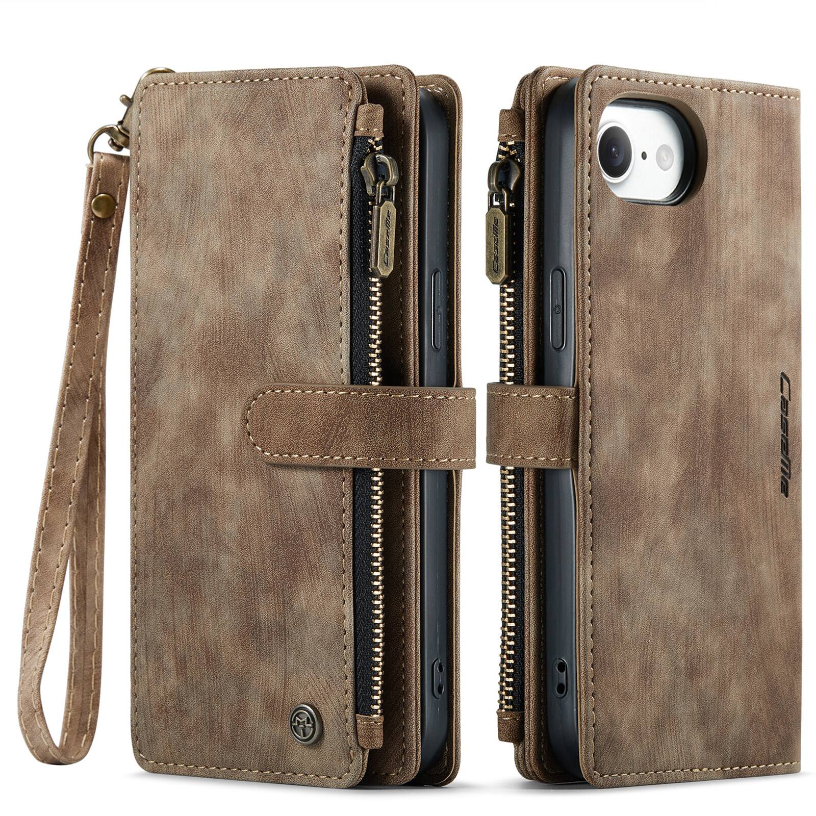 Angle. UUCOVER - Wallet Case for Apple iPhone 16e/17e with Zipper Pocket, Card Cash Holder and Wrist Strap, Magnetic Flip Kickstand Cover - Brown.