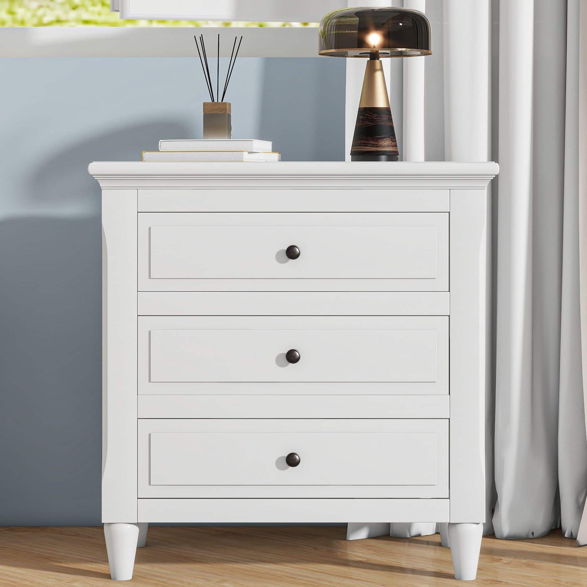Mirfee - 3-Drawer Nightstand, Wood Storage Cabinet for Bedroom - White