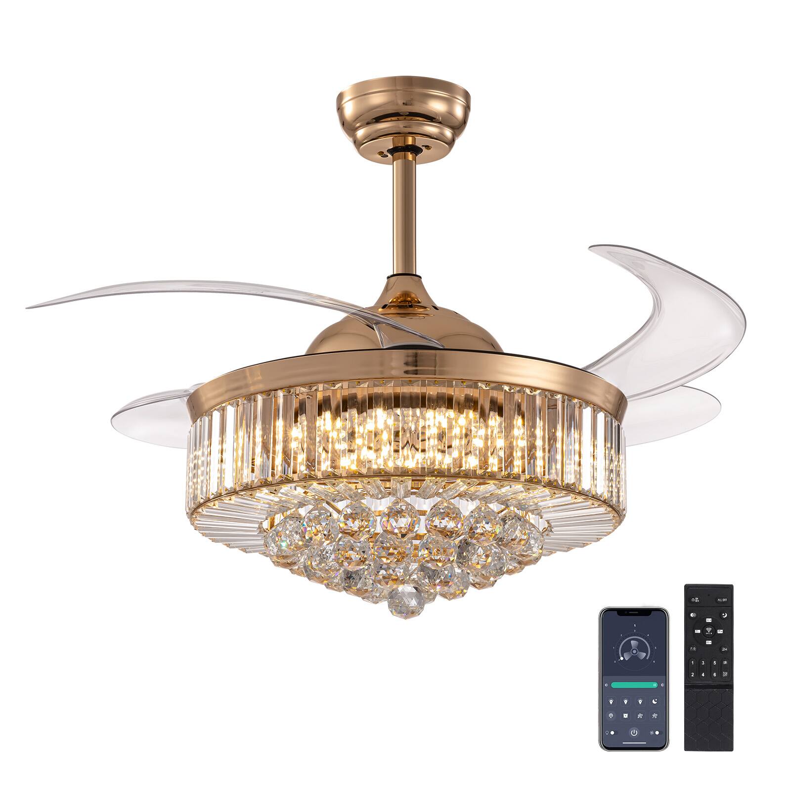 Angle. Siljoy - 42 Inch Gold Crystal Retractable Ceiling Fan with LED Light Remote and App Control for Living Room Bedroom and Kitchen - Gold.