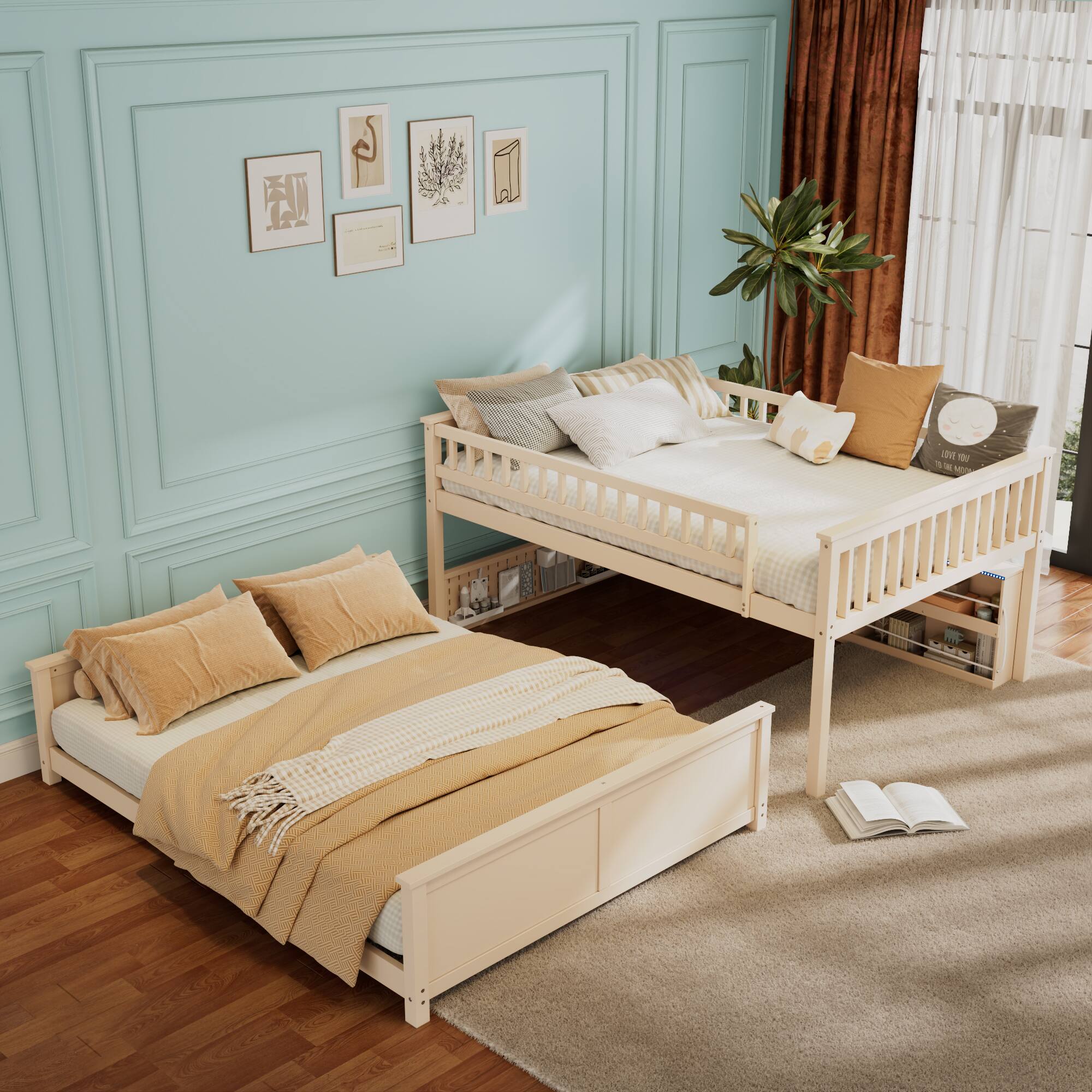 Left. Anysun - Full XL over Queen Bunk Bed with Integrated Shelving, Color-Changing Lights and Pegboard - Beige.