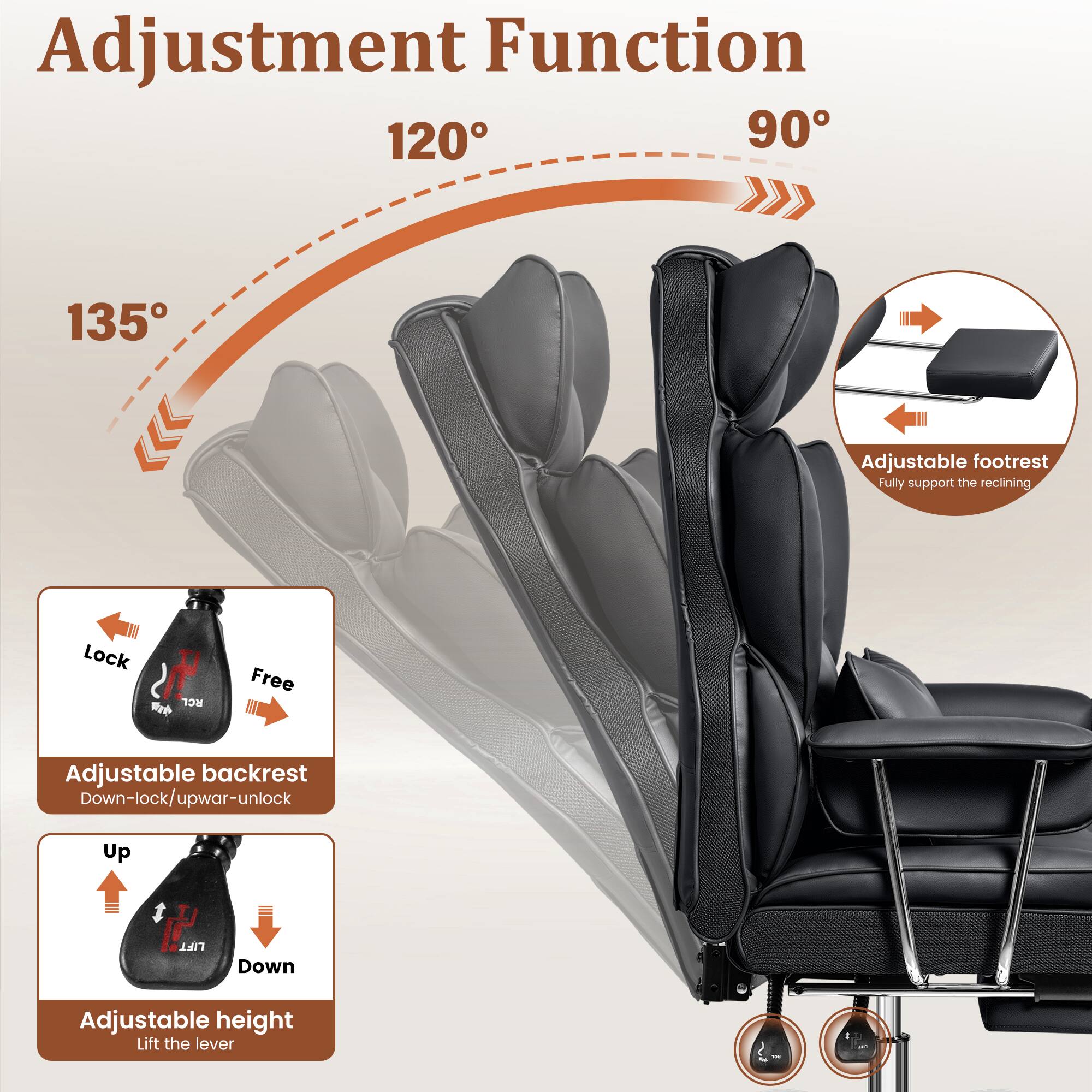 Adjustment Function

120° 90° 135°

Adjustable footrest  
Fully support the reclining

Adjustable backrest  
Down-lock/upwar-unlock

Adjustable height  
Lift the lever