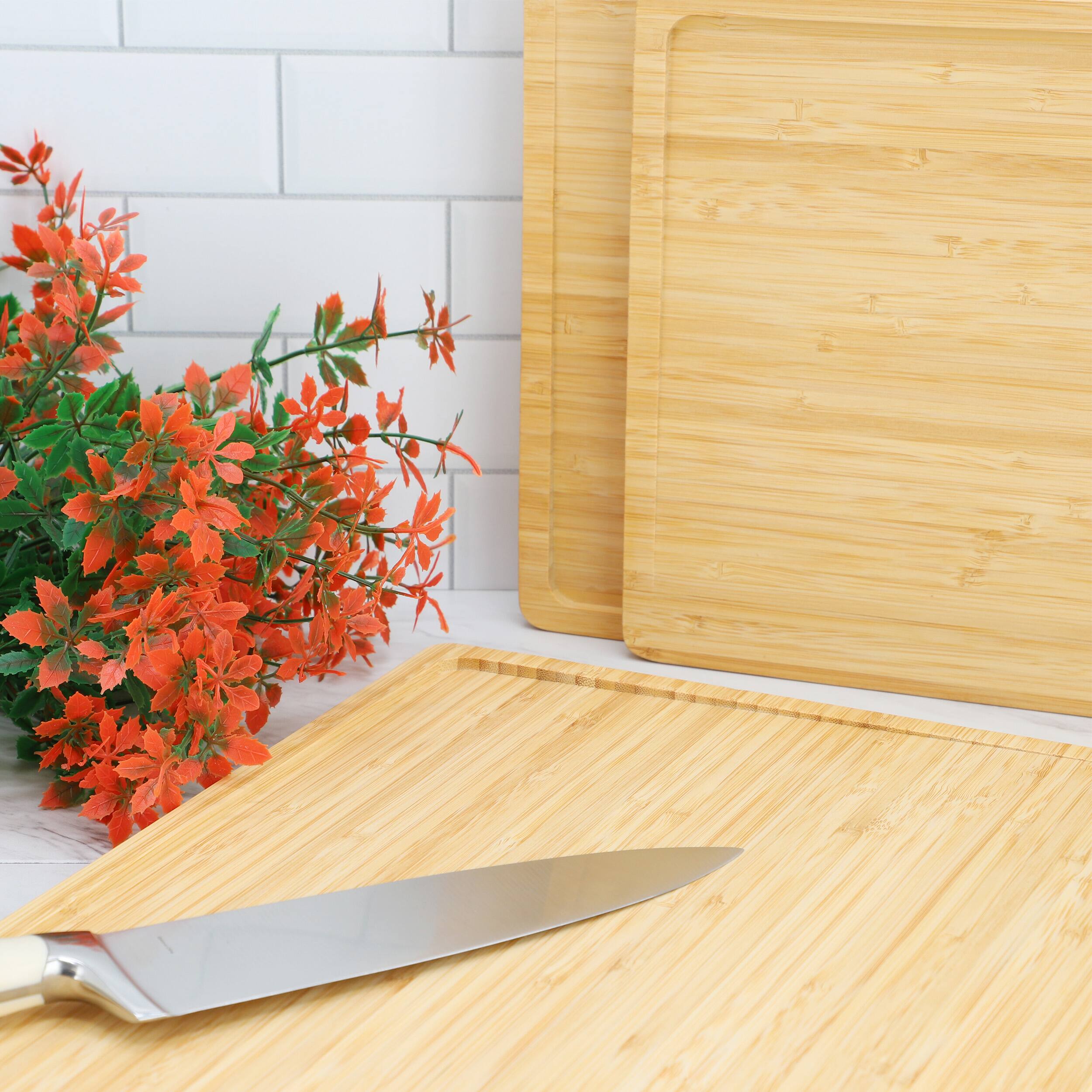 Alt View 7. MegaChef - MegaChef 3 Piece Bamboo Cutting, Prep and Serving Boards with Slanted Juice Groove - Brown.