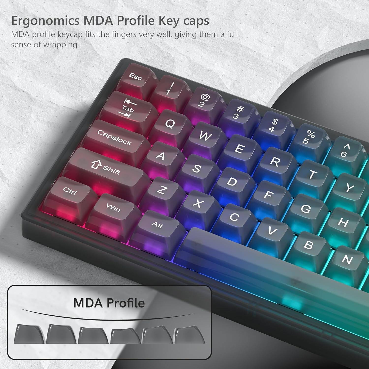 Ergonomics MDA Profile Key caps

MDA profile keycap fits the fingers very well, giving them a full sense of wrapping

Ctrl Esc ! 1 Tab Q Capslock A Shift Z Win Alt @ 2 W S X # 3 E D $ 4 R F V % 5 T G ^ 6 Y H N

MDA Profile
