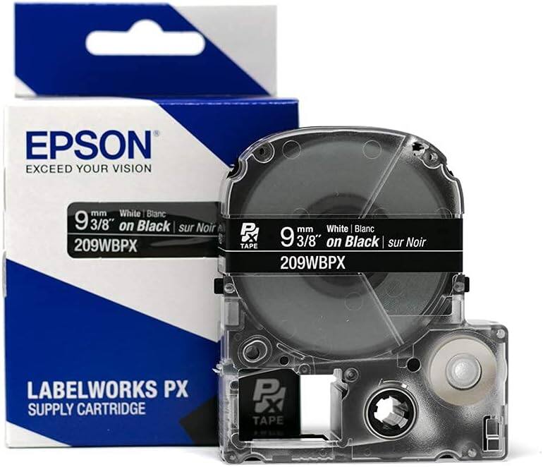 EPSON  
EXCEED YOUR VISION  

9 mm White | Blanc on Black | sur Noir  
209WBPX  

LABELWORKS PX  
SUPPLY CARTRIDGE  

9 3/8" on Black | sur Noir  
209WBPX
