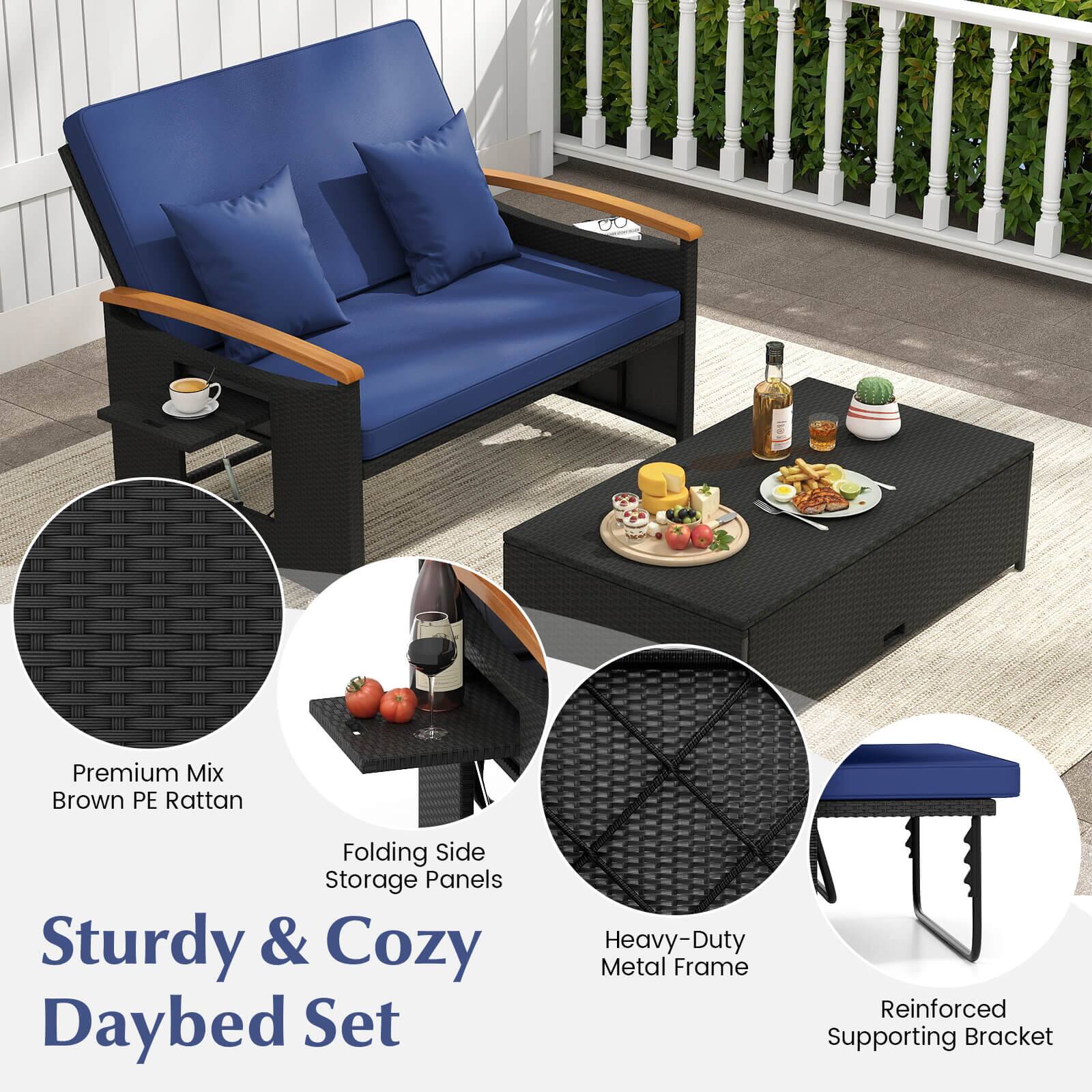 Premium Mix Brown PE Rattan Folding Side Storage Panels Sturdy & Cozy Daybed Set Heavy-Duty Metal Frame Reinforced Supporting Bracket
