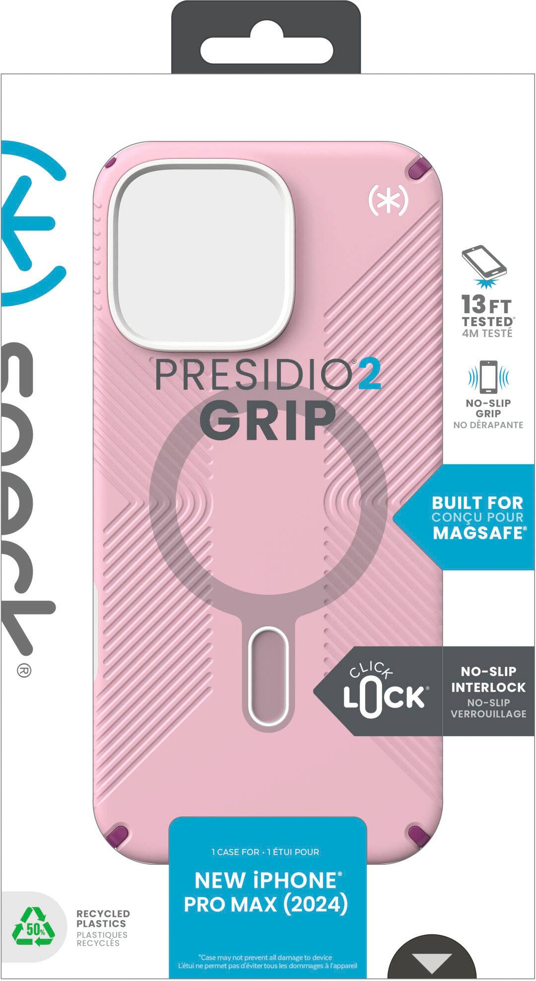 Presidio2 Grip No-Slip Case for iPhone Pro Max (2024) - Pink - Built for MagSafe - 13 ft Tested - 4M Drop Tested - No-Slip Interlock - Lock Verte - 100% Recycled Plastics - New iPhone Pro Max (2024) - Case may not prevent all damage to device.