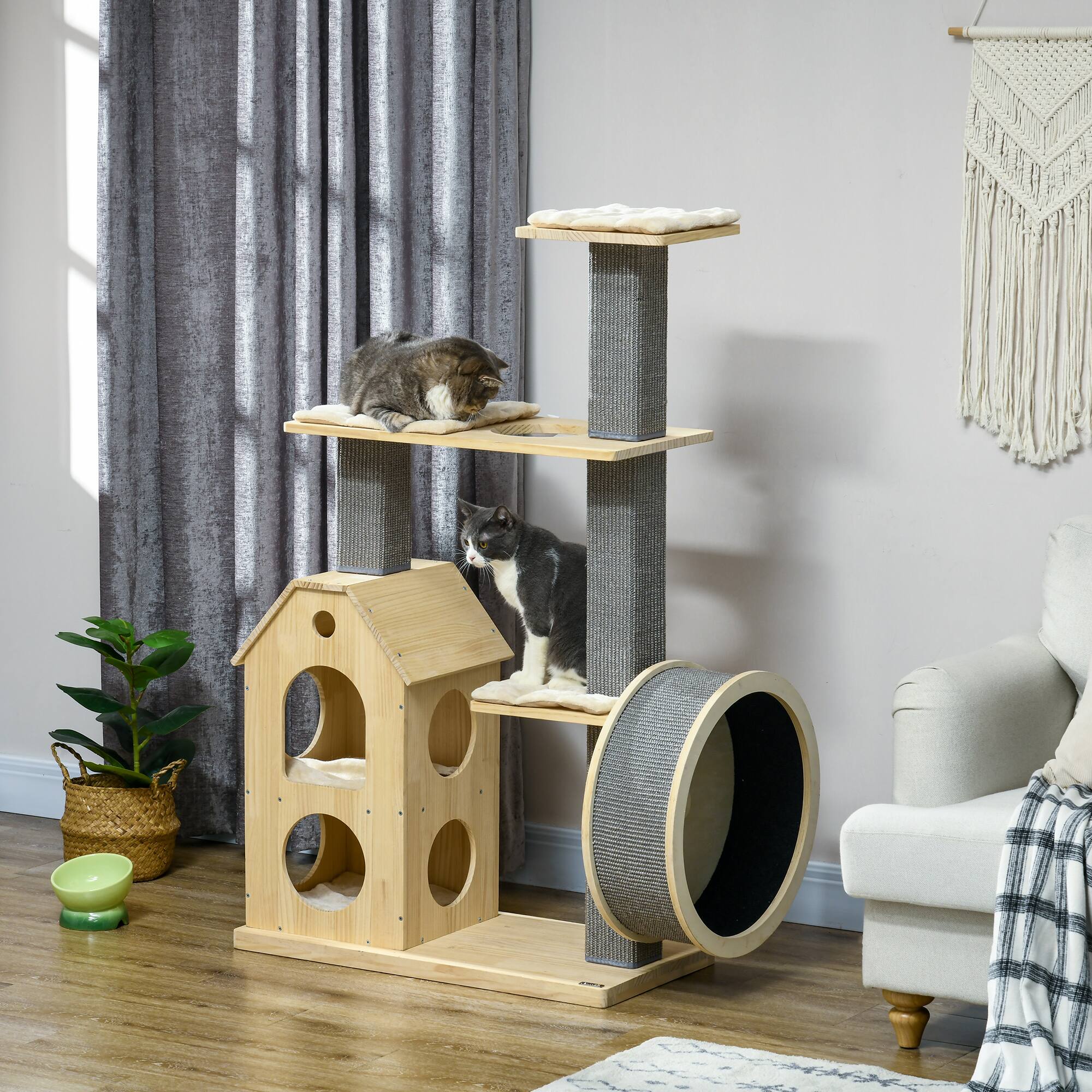 Angle. Pawhut - 53" Modern Indoor Cat Tree, with Scratching Posts & Wheel, Double-Layer Cushioned House, Climbing Wooden Cat Furniture.