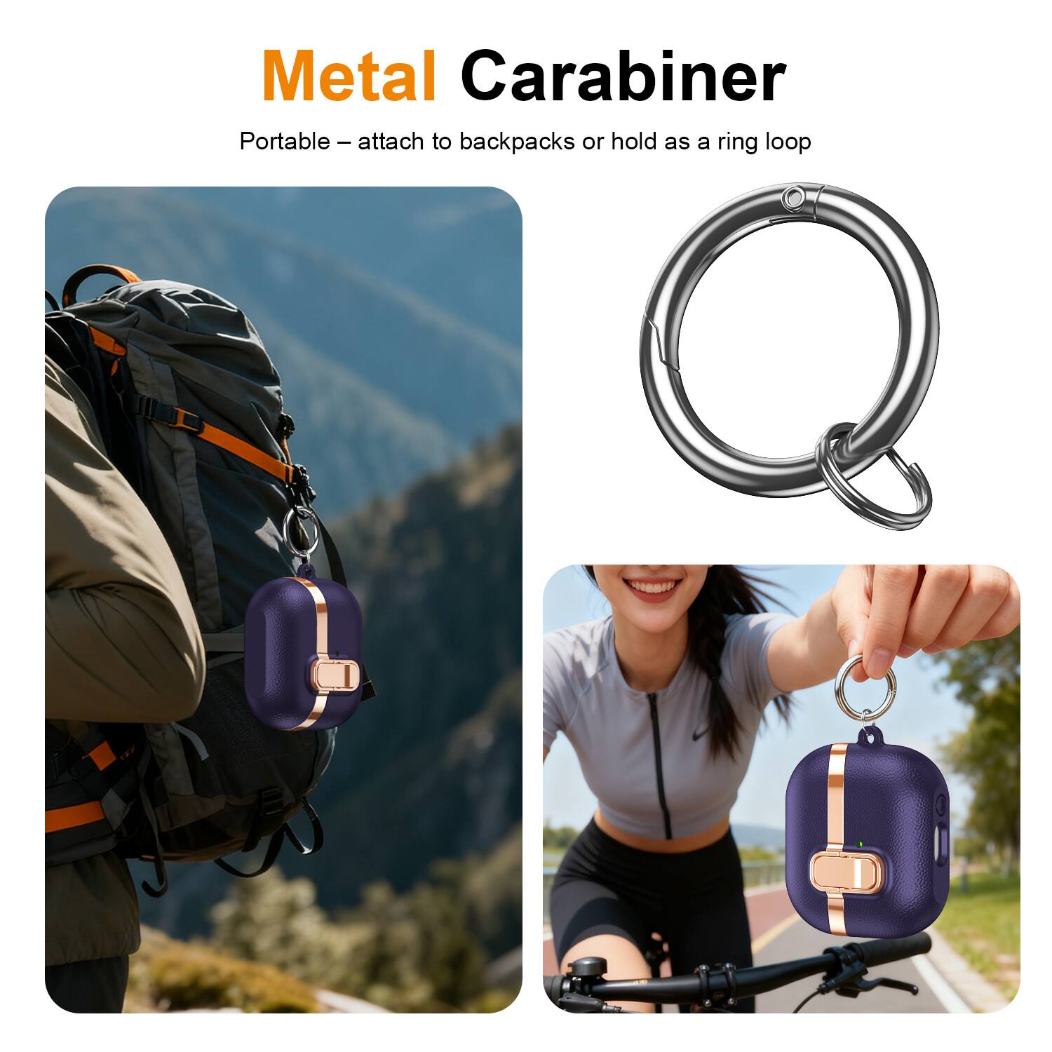Metal Carabiner  
Portable – attach to backpacks or hold as a ring loop