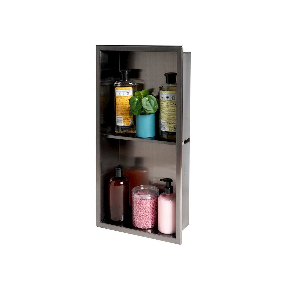 Alt View 1. Alfi - 12" x 24" Brushed Black PVD Stainless Steel Vertical Double Shelf Shower Niche - Black.