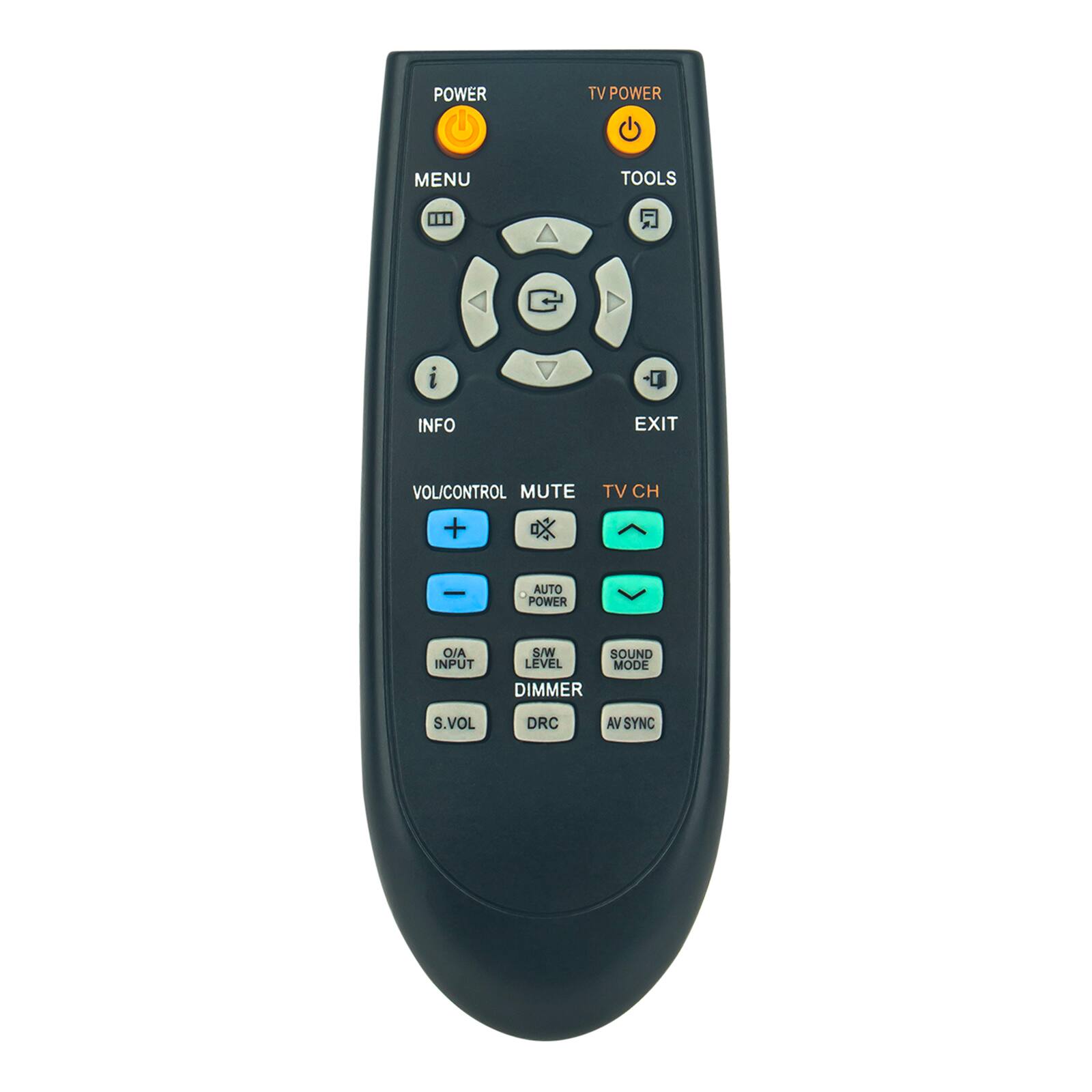 POWER TV POWER MENU TOOLS 00  
i INFO EXIT VOL/CONTROL MUTE +  
TV CH AUTO POWER OJA INPUT S/W SOUND LEVEL MODE DIMMER S VOLUME DRC AV SYNC