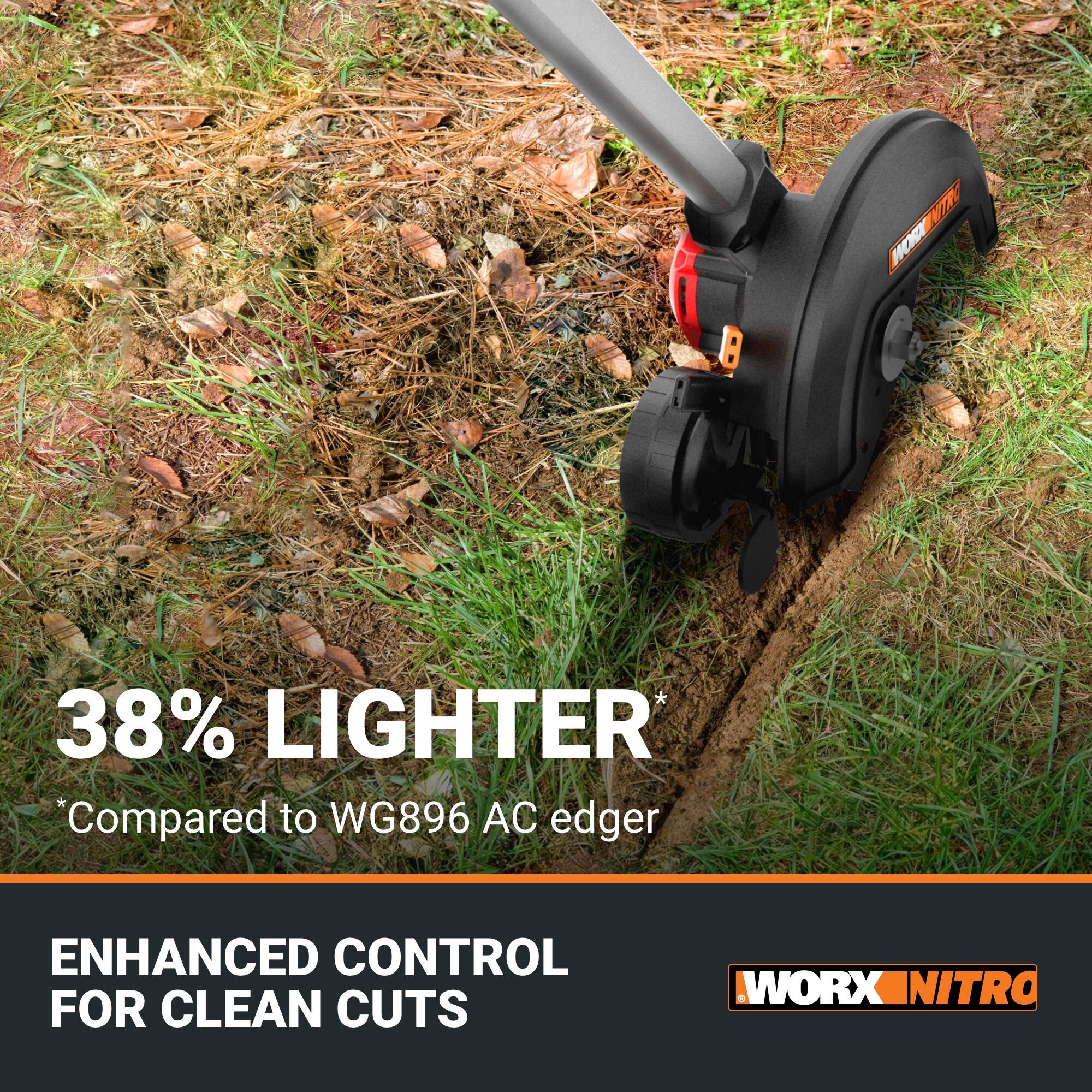 B WORX NITRO 38% LIGHTER Compared to WG896 AC edger ENHANCED CONTROL FOR CLEAN CUTS