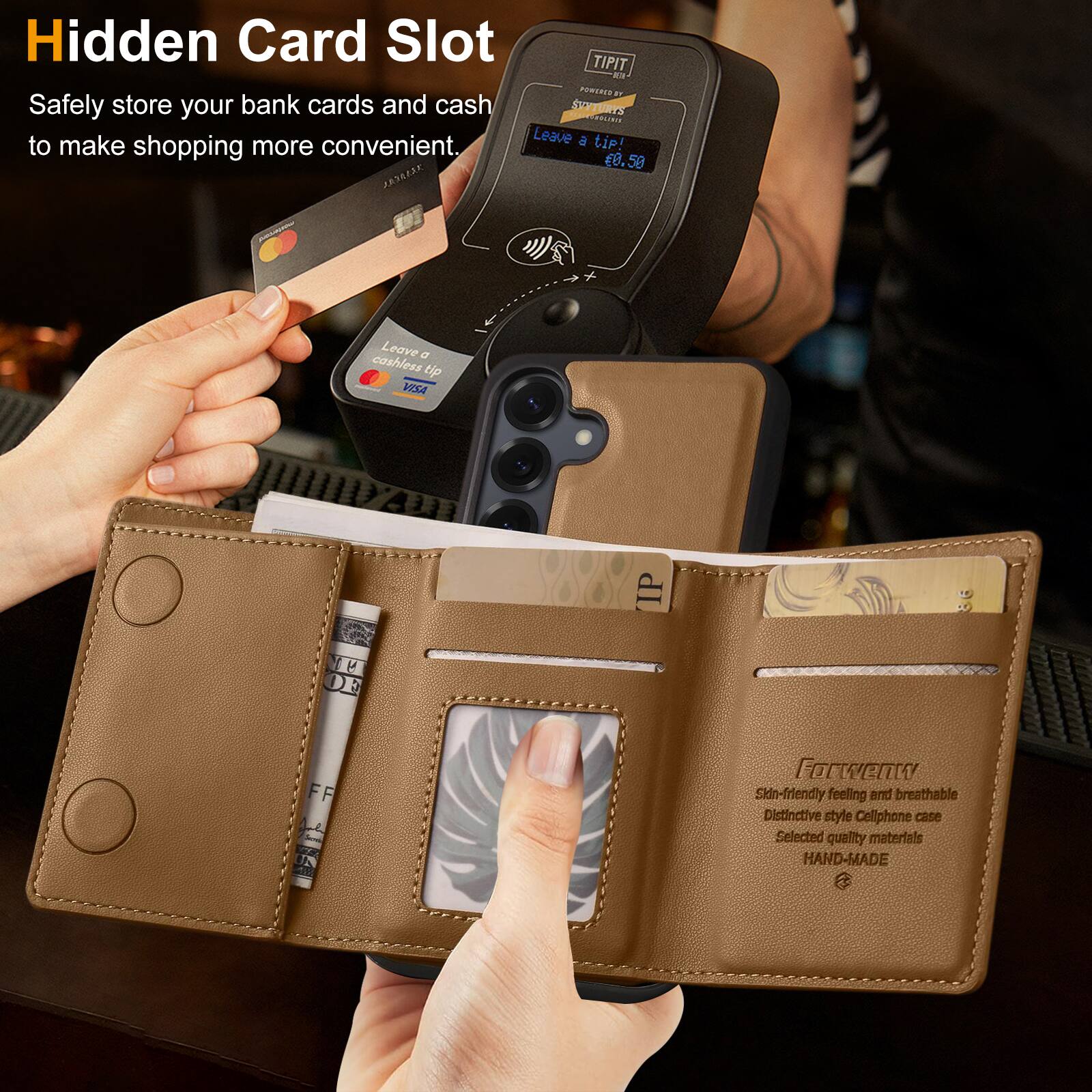 Hidden Card Slot  
Safely store your bank cards and cash to make shopping more convenient.

Leave a cashless tip!  
£8.50

Skin-friendly feeling and breathable  
Distinctive style Cellphone case  
Selected quality materials  
HAND-MADE