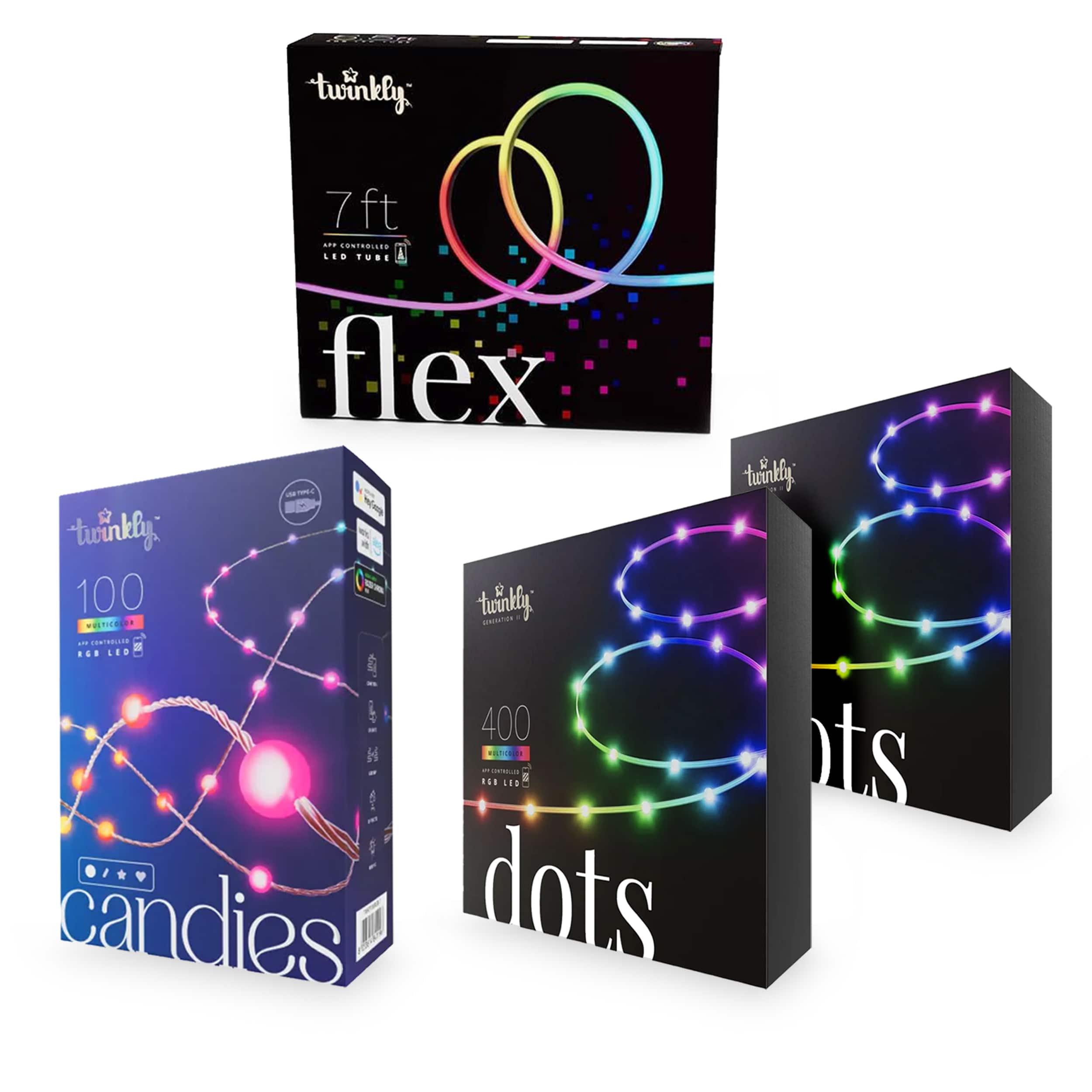 Twinkly - 4-in-1 Holiday Lighting Bundle w/ 2-Pack 400 LED RGB Dots + 200 LED RGB Light Strip + 200 LED RGB Pearl Twinkle Lights - Multicolor