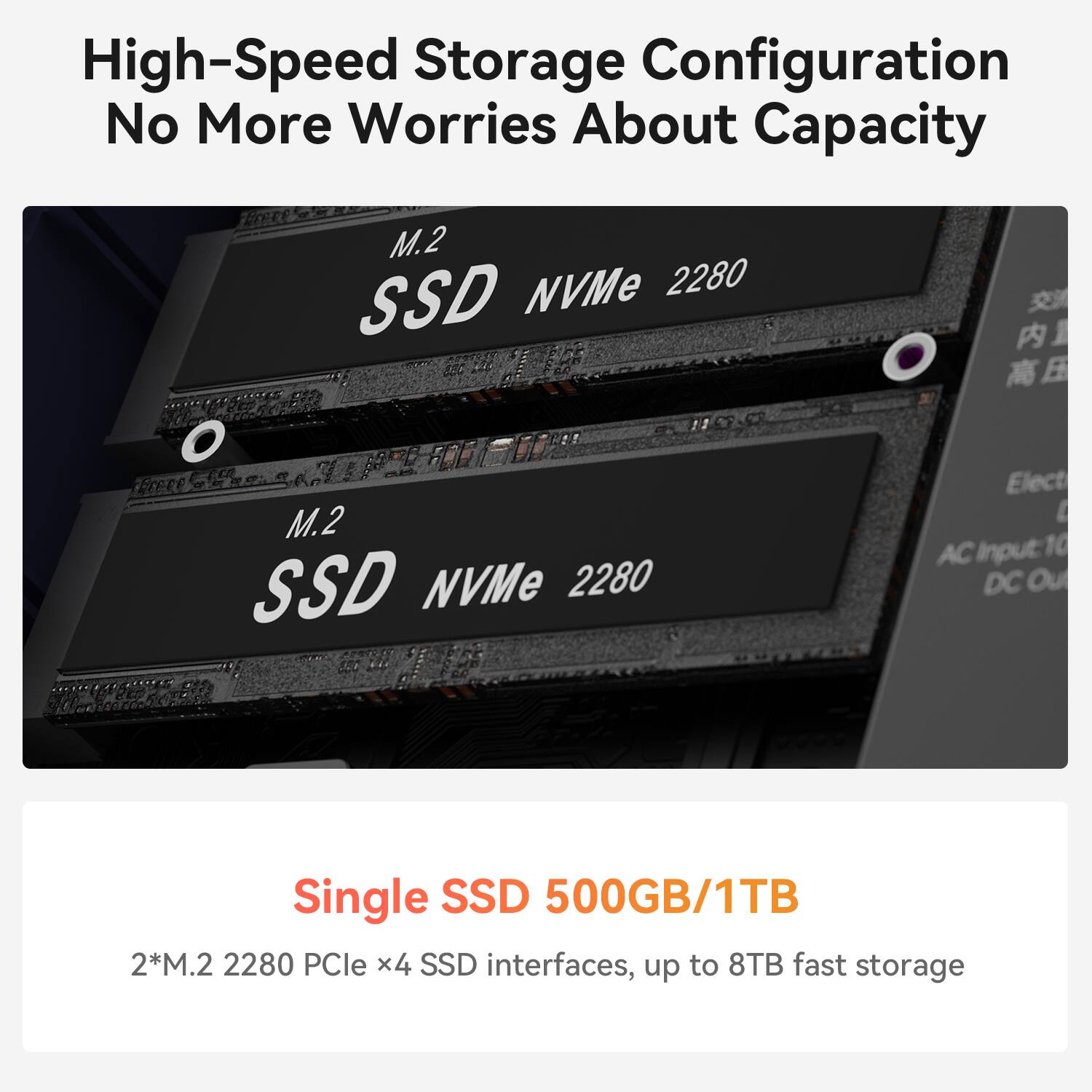 High-Speed Storage Configuration  
No More Worries About Capacity  

M.2 2 NVMe 2280 SSD  
M.2 SSD NVMe 2280  

Elect AC Input 10 DC Output  

Single SSD 500GB/1TB  
2*M.2 2280 PCle x4 SSD interfaces, up to 8TB fast storage