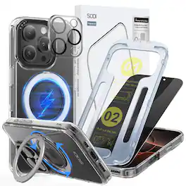 Sodi - 3-in-1 for iPhone 16 Pro Max 360° Rotatable Magnetic Ring Stand Case & Privacy Screen Protector & Camera Lens Protector - Clear