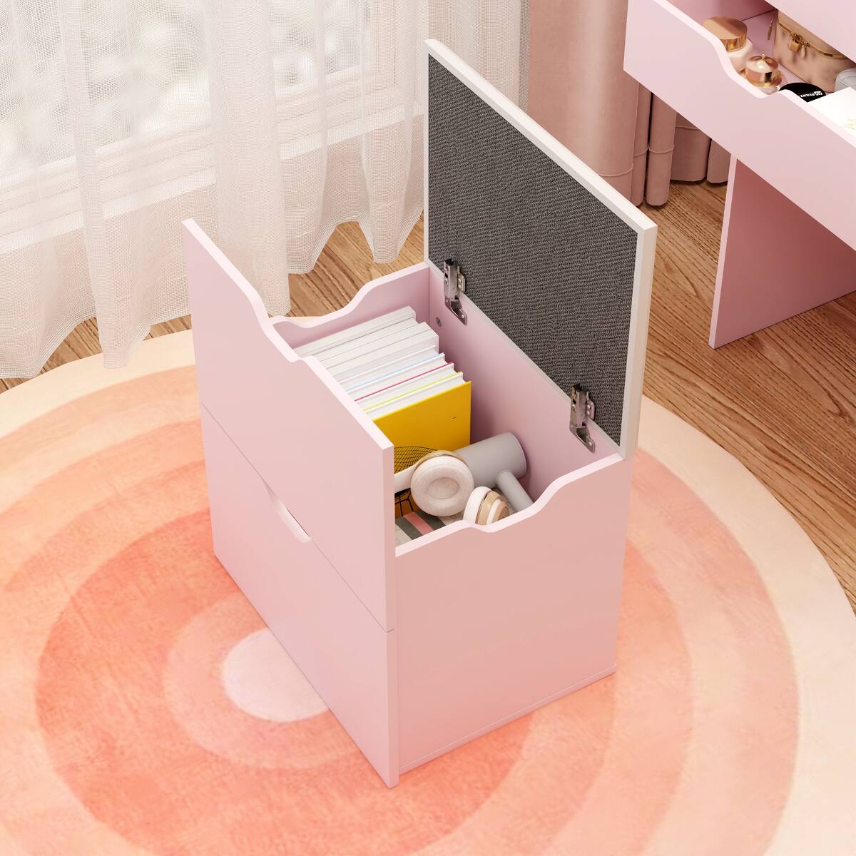 Alt View 4. Loheer - Loheer Pink Makeup Vanity with Stool, Flip Up Mirror and Three Color Lights - Pink.