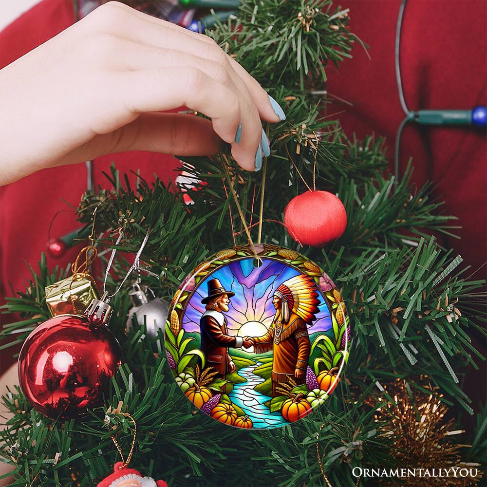 Alt View 1. OrnamentallyYou - Pilgrim and Native American Chief Harmonious Unity Ornament Harvest Celebration Keepsake Version 2 - Multi-colored.