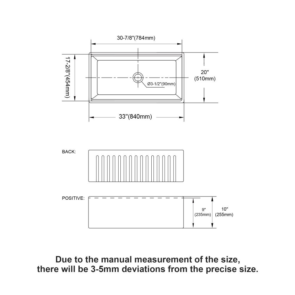 17-2/8" (454mm)  
30-7/8" (784mm)  
03-1/2" (90mm)  
33" (840mm)  
20" (510mm)  

BACK:  
POSITIVE:  
9" (235mm)  
10" (255mm)  

Due to the manual measurement of the size, there will be 3-5mm deviations from the precise size.