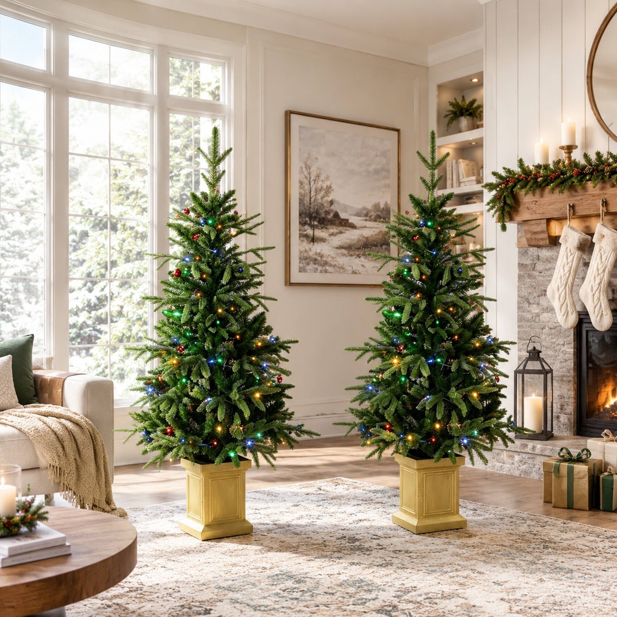 Back. RYHNUYNE - 4FT Pre-Lit Aspen Fir Christmas Tree Set of 2 With Battery Dual-Color LED Lights and Remote, 11 Modes - Green.
