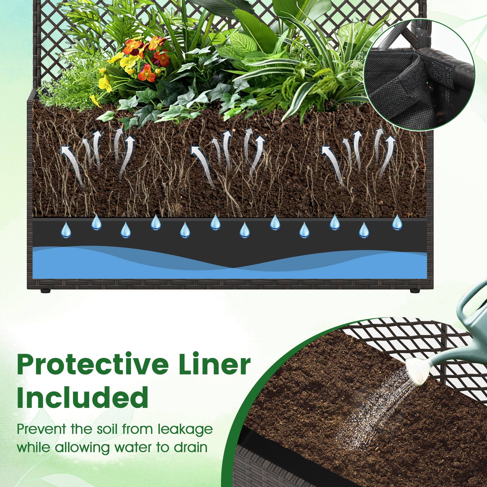 Protective Liner Included  
Prevent the soil from leakage while allowing water to drain