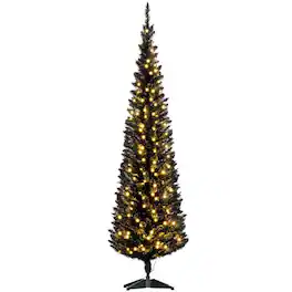 PULUZ - 6ft Pencil Christmas Tree, Slim Artificial Christmas Tree with Realistic Branches and Warm White LED Lights - Black