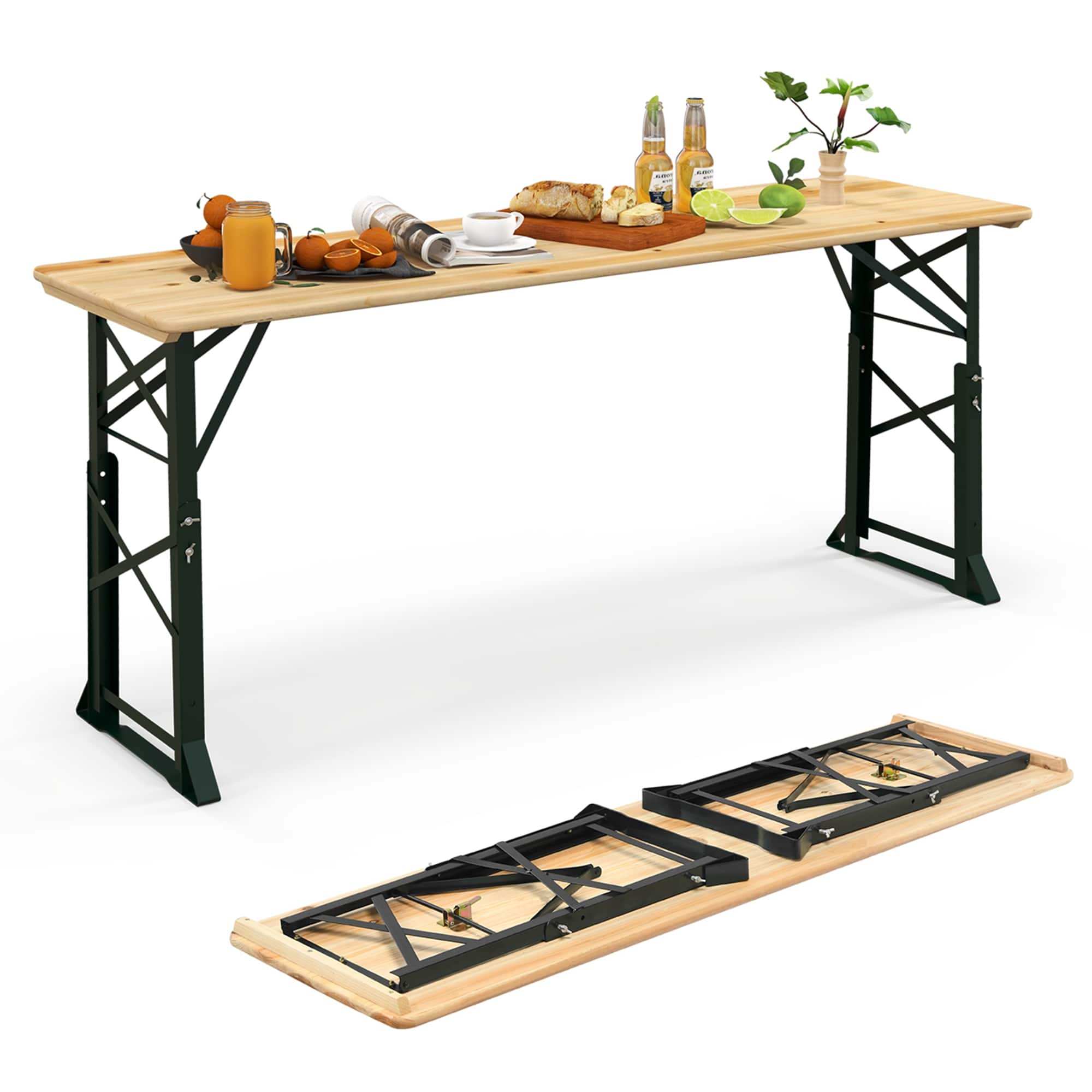 Front. Costway - Costway 5.5 Ft Outdoor Folding Wood Picnic Table Height Adjustable Metal Frame - Natural.