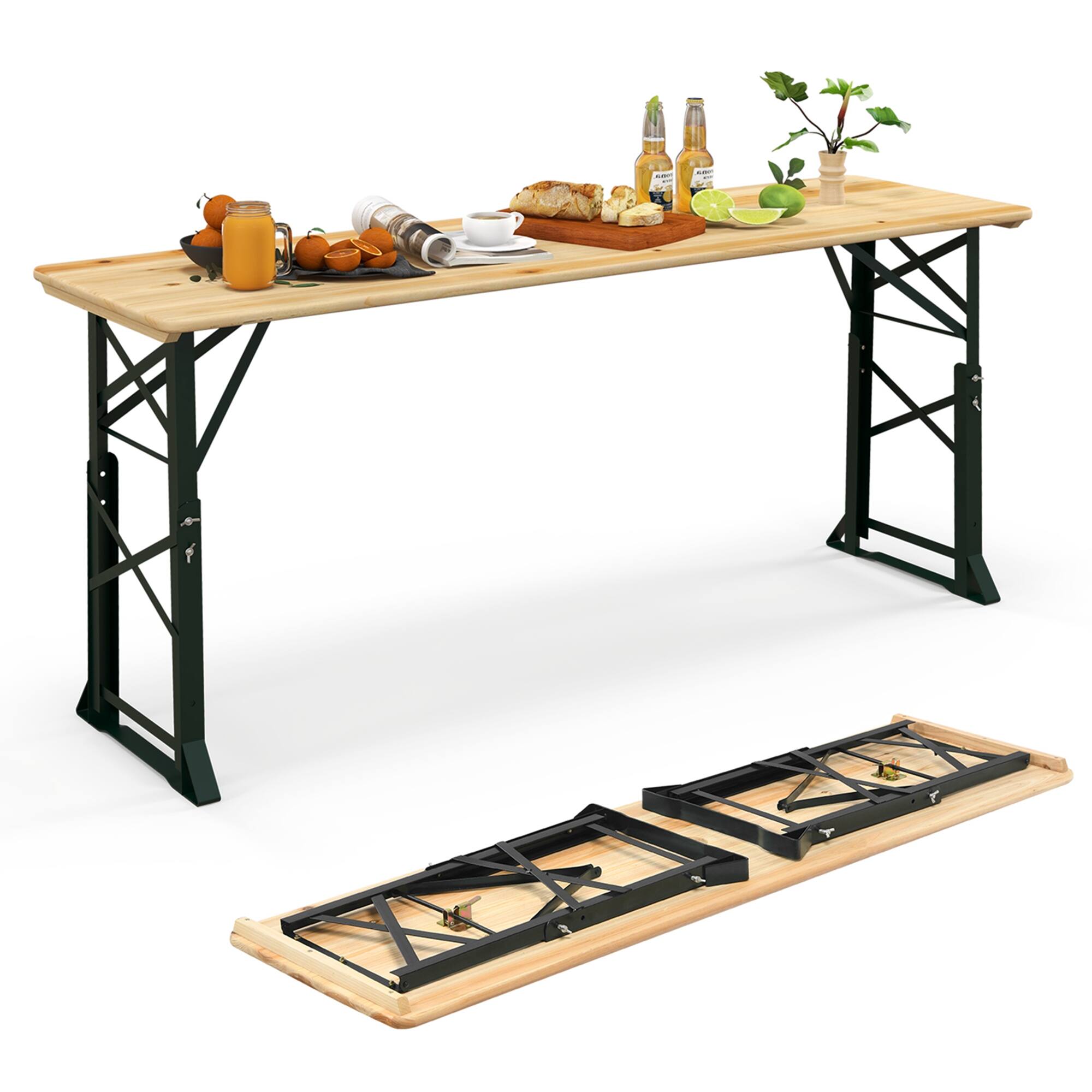 Front. Costway - Costway 5.5 Ft Outdoor Folding Wood Picnic Table Height Adjustable Metal Frame - Natural.