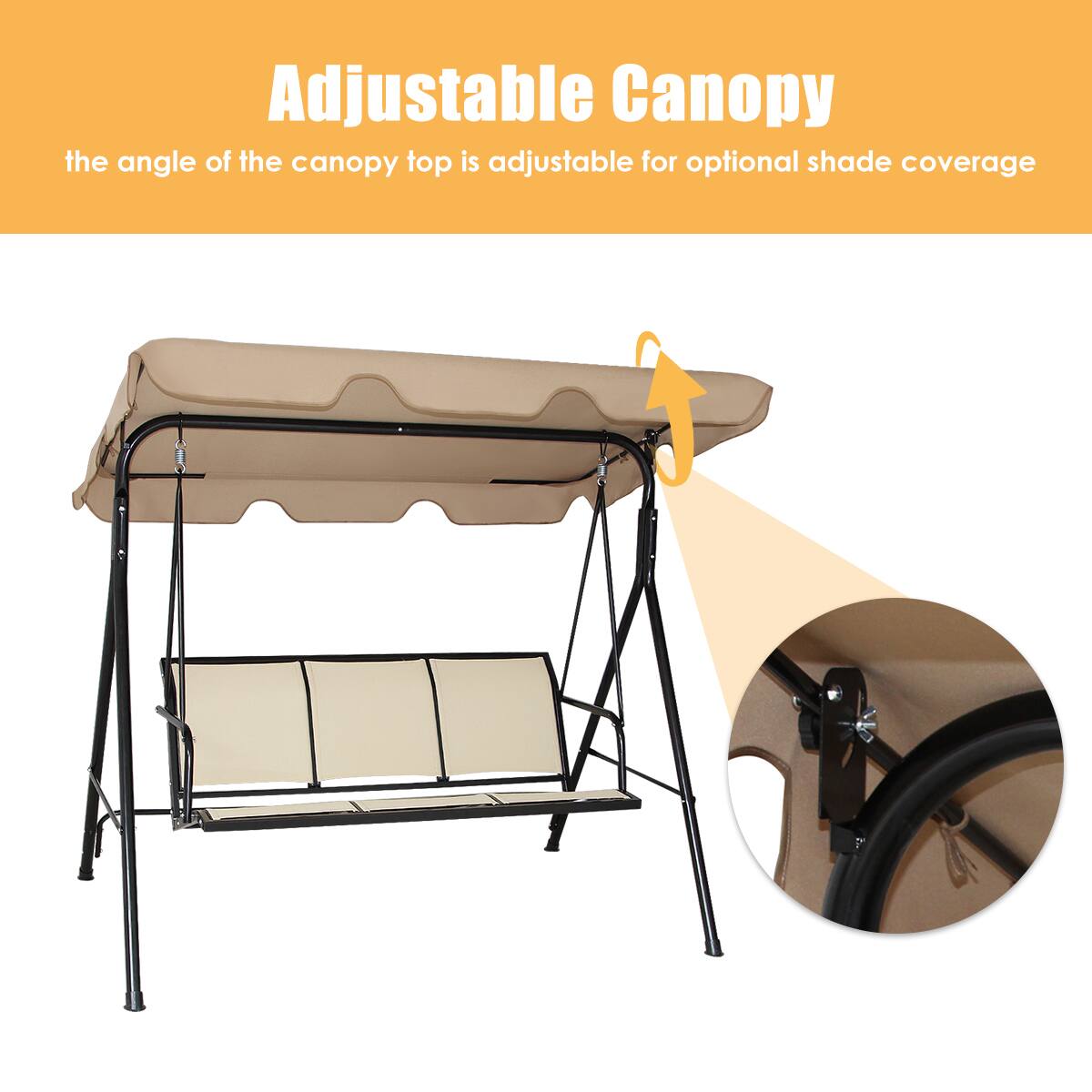 Adjustable Canopy  
the angle of the canopy top is adjustable for optional shade coverage
