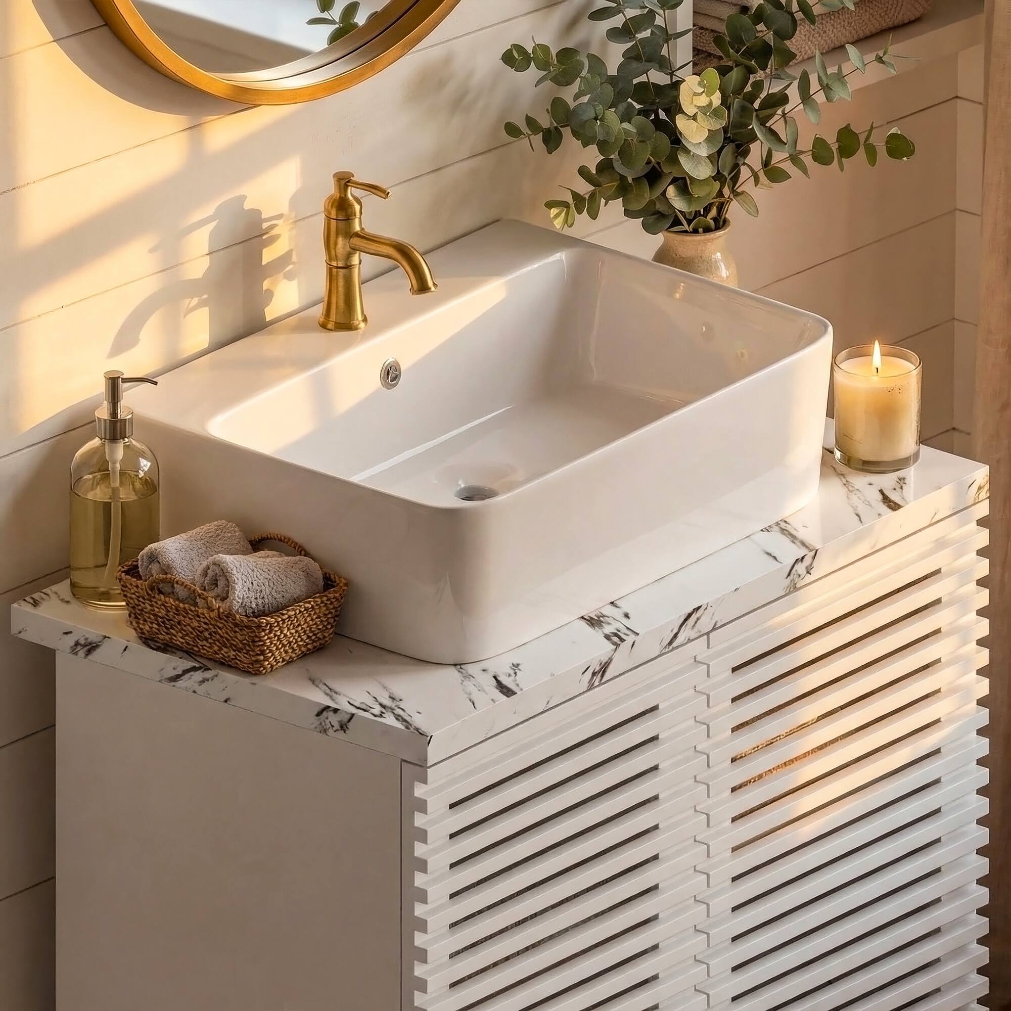 Alt View 1. FUFU & GAGA - Bathroom Vanity with Square Ceramic Vessel Sink – 22.2" Louvre Door Cabinet, Solid Wood Legs for Modern Farmhouse - White.
